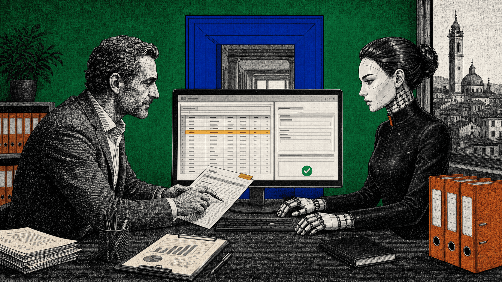 Un agente AI e un operatore rivedono un foglio di calcolo e un flusso di approvazione su un computer.