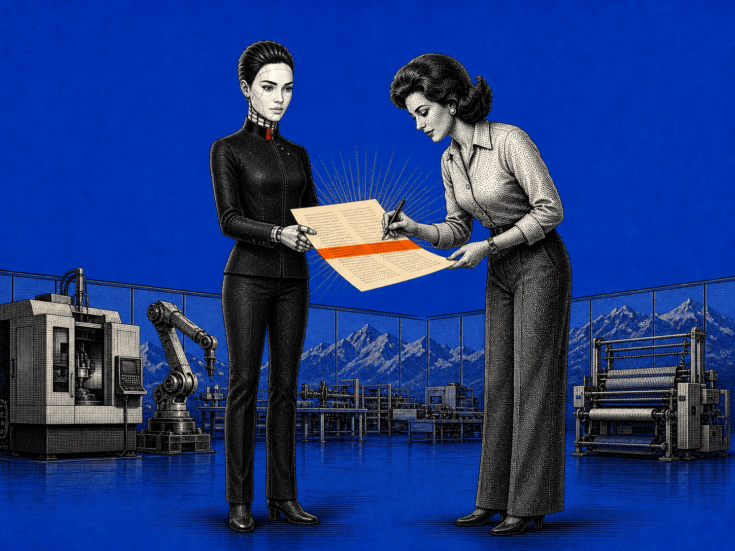 Il titolare firma un piano di produzione preparato dall'agente in reparto.