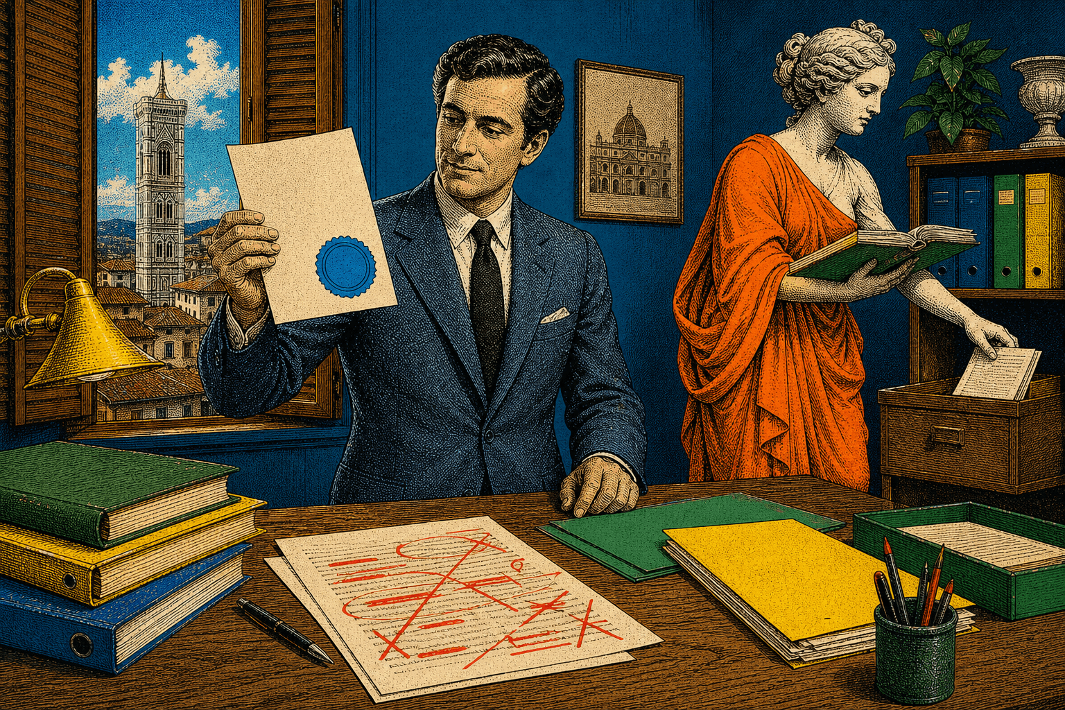 Un responsabile rivede testo corretto mentre i record aziendali vengono archiviati in memoria.