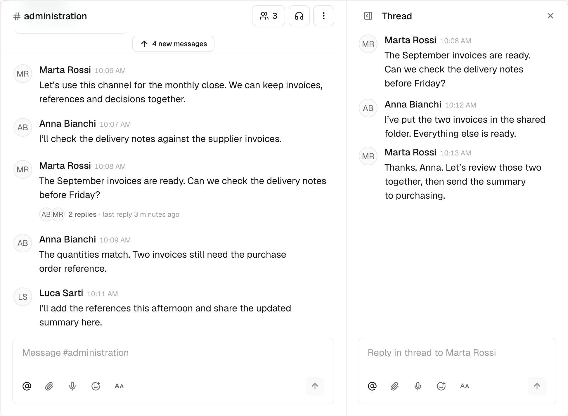 Alveare’s administration channel, with a thread about supplier invoices