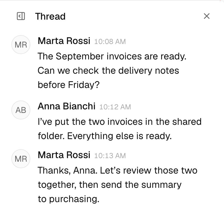 Alveare’s administration channel, with a thread about supplier invoices