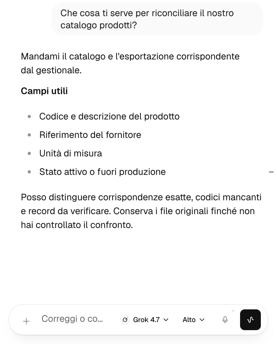 L’agente Amministrazione di Nadia indica quali file del catalogo fornire
