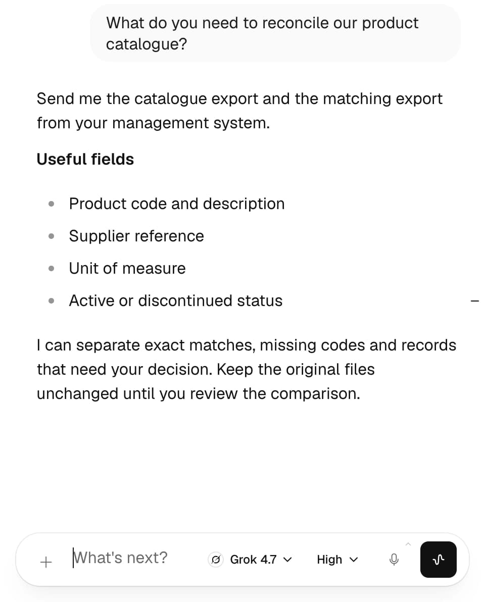 Nadia’s Administration agent explaining which catalogue files to provide
