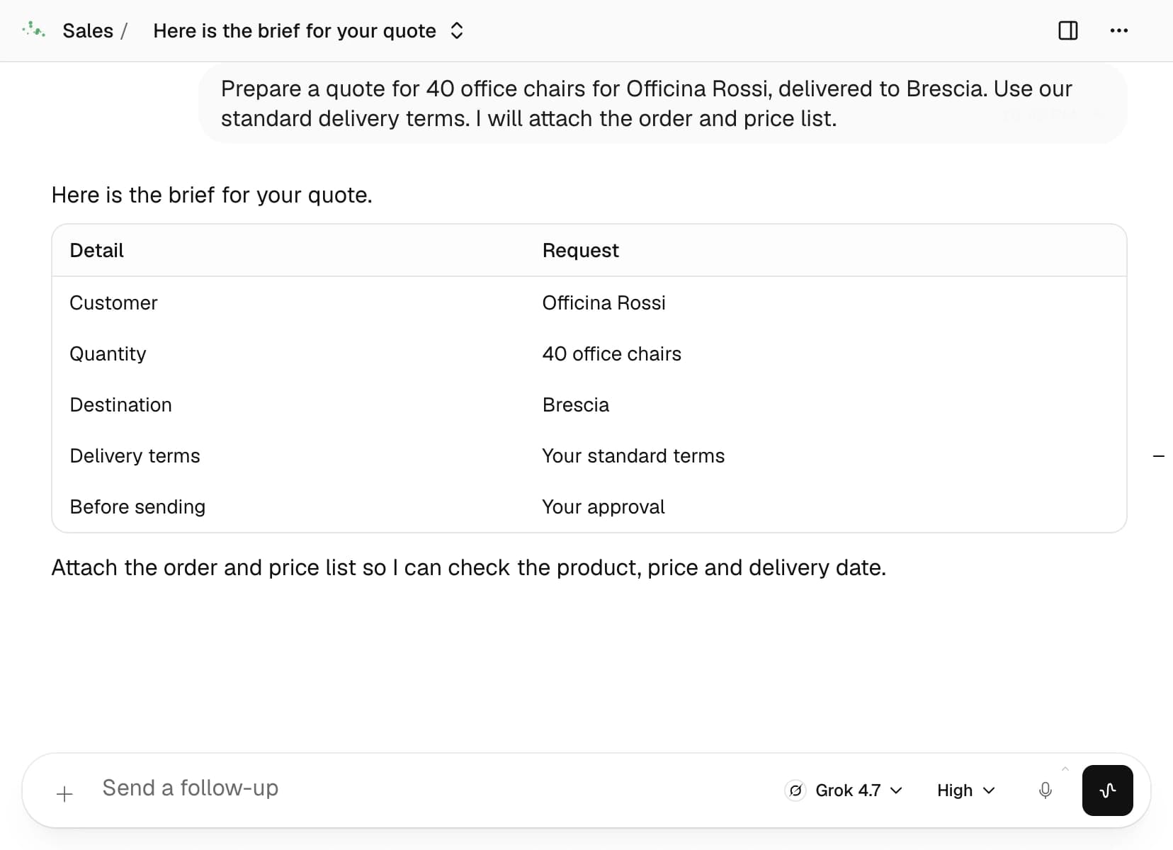 Nadia’s Sales agent reviewing a quote request