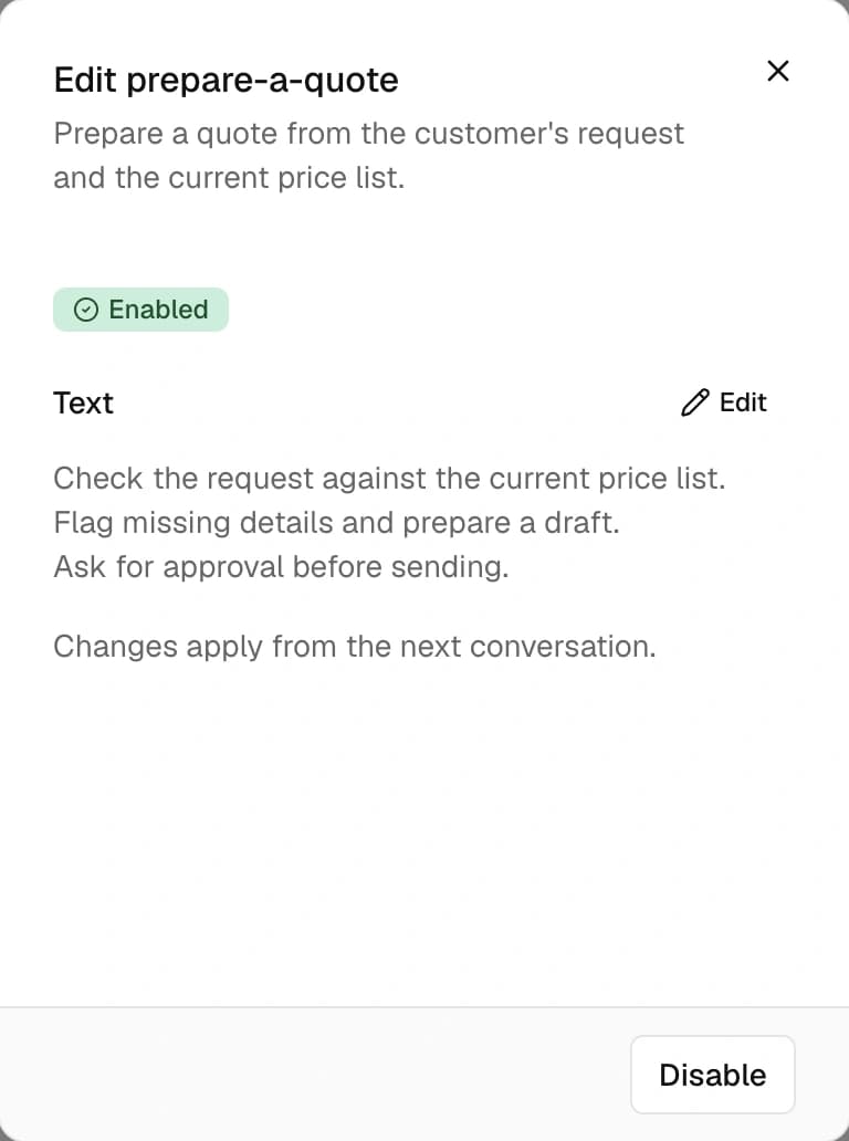 The skill editor in Nadia with a quote procedure