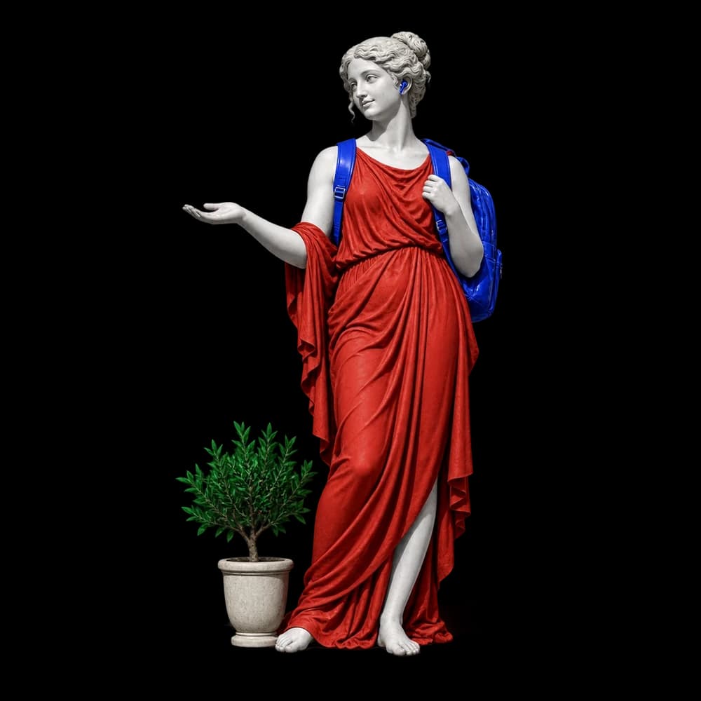 Una giovane donna in marmo con la stola rossa, lo zaino blu e gli auricolari, che con la mano aperta presenta la finestra di Nadia accanto a lei.