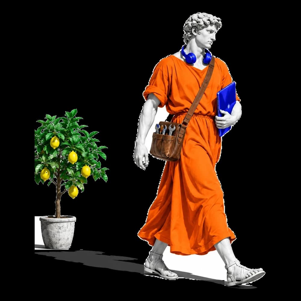 Un uomo in marmo con la tunica arancione cammina deciso con una borsa da lavoro a tracolla, un portatile blu sotto il braccio e le cuffie al collo.