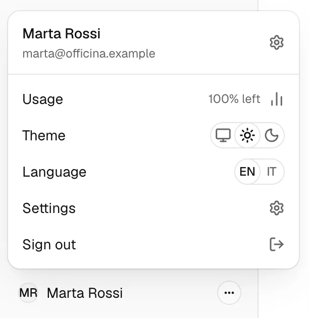 The account menu, with Usage, Theme, Language, Settings and Sign out.