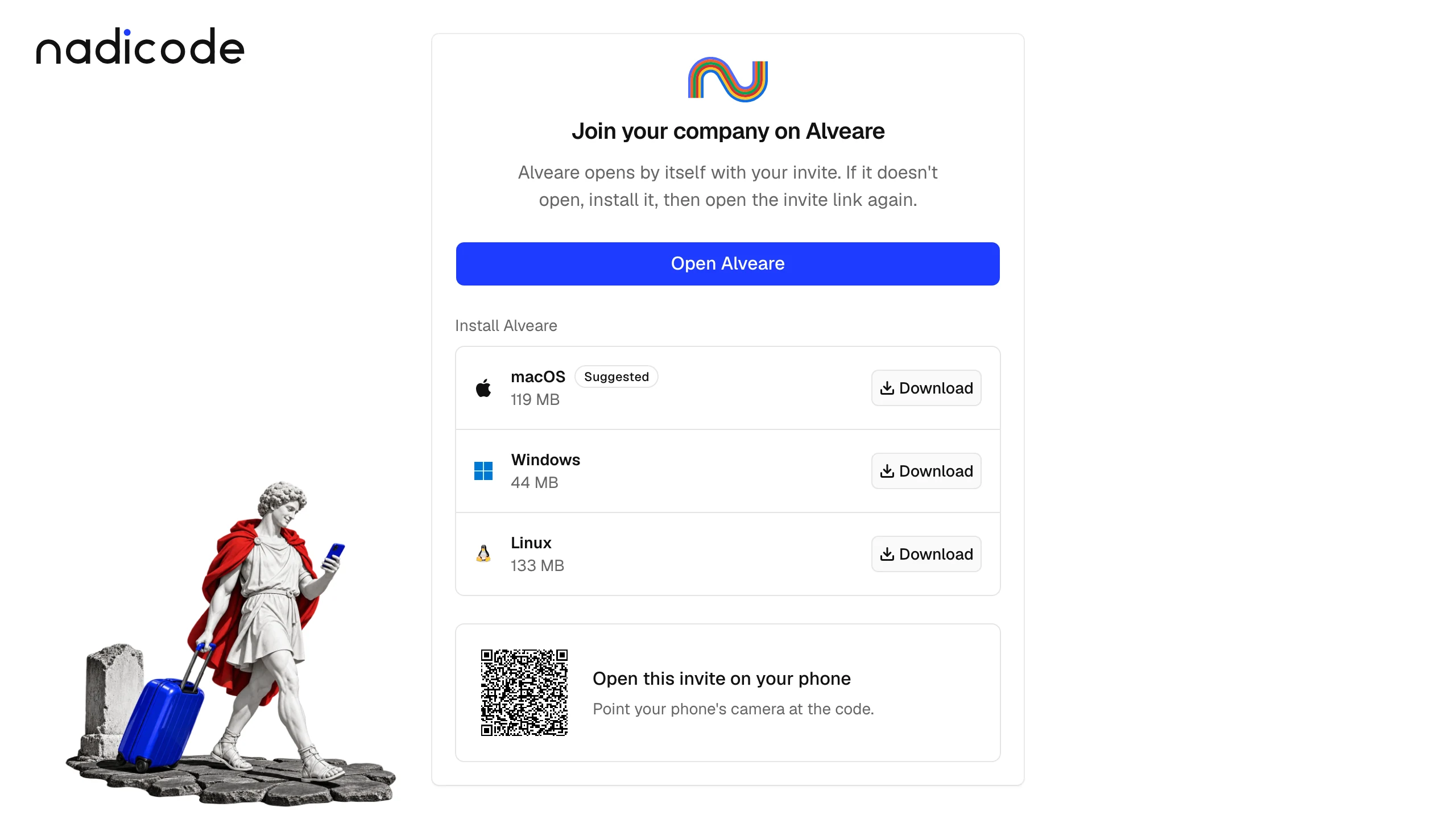 The invite page on nadicode.ai: Open Alveare, the installers for a Mac, Windows and Linux, and the code that opens the invite on a phone.