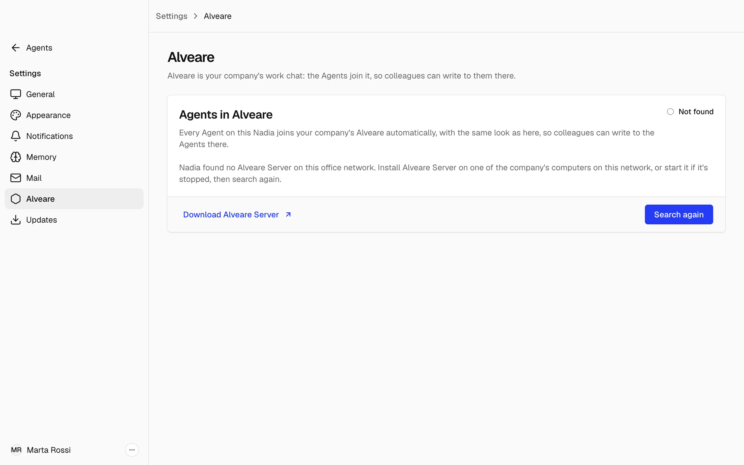Settings, Alveare, where Nadia found no Alveare Server on the office network, with Download Alveare Server and Search again.