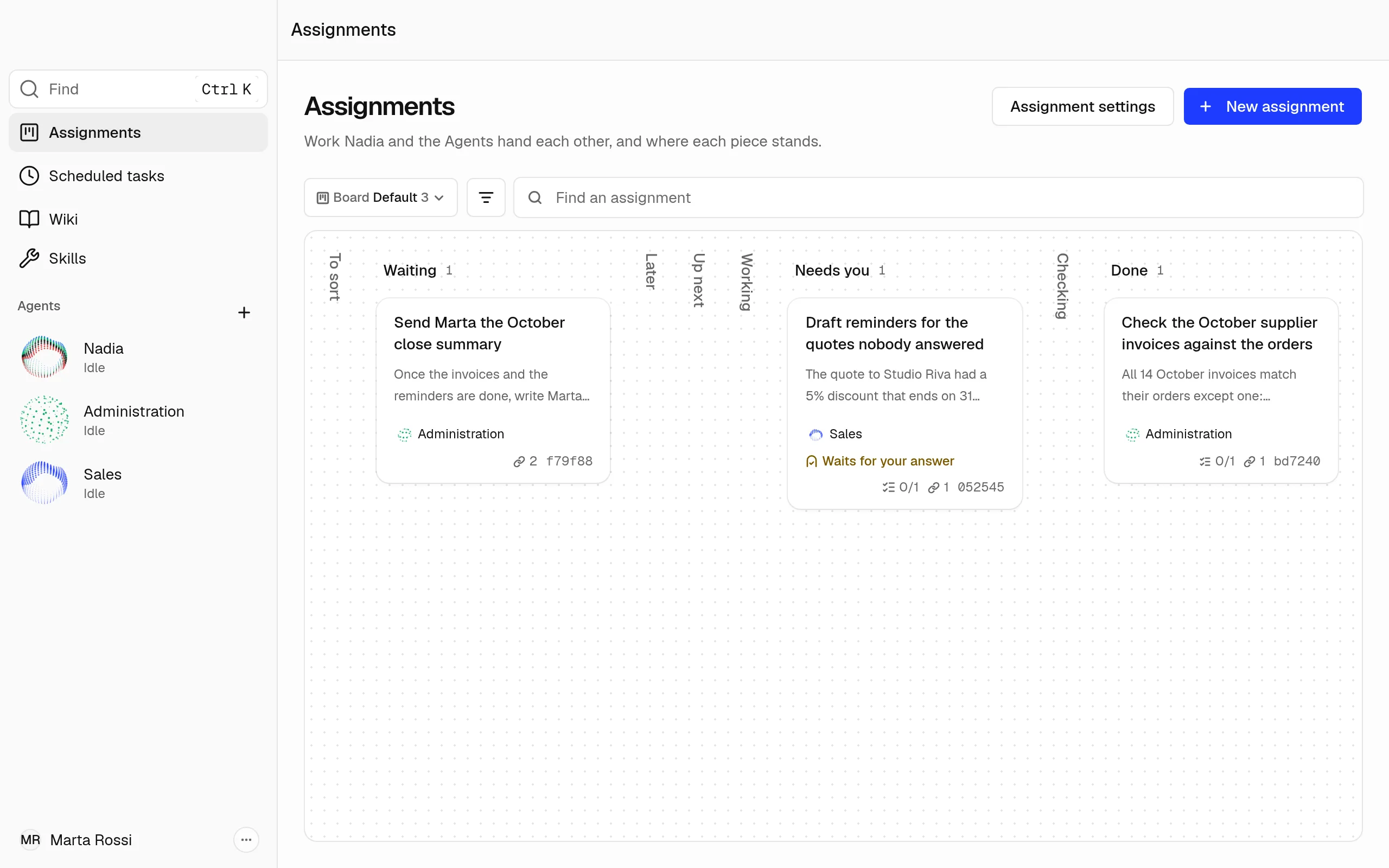Assignments with three assignments of the October close: one in Done, one in Needs you and one in Waiting.