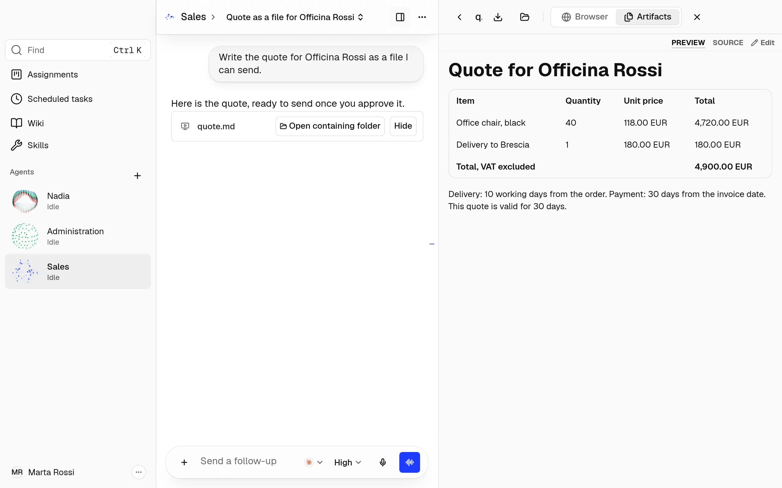 A chat with the Sales Agent, and the quote file she wrote open beside it in the side panel.