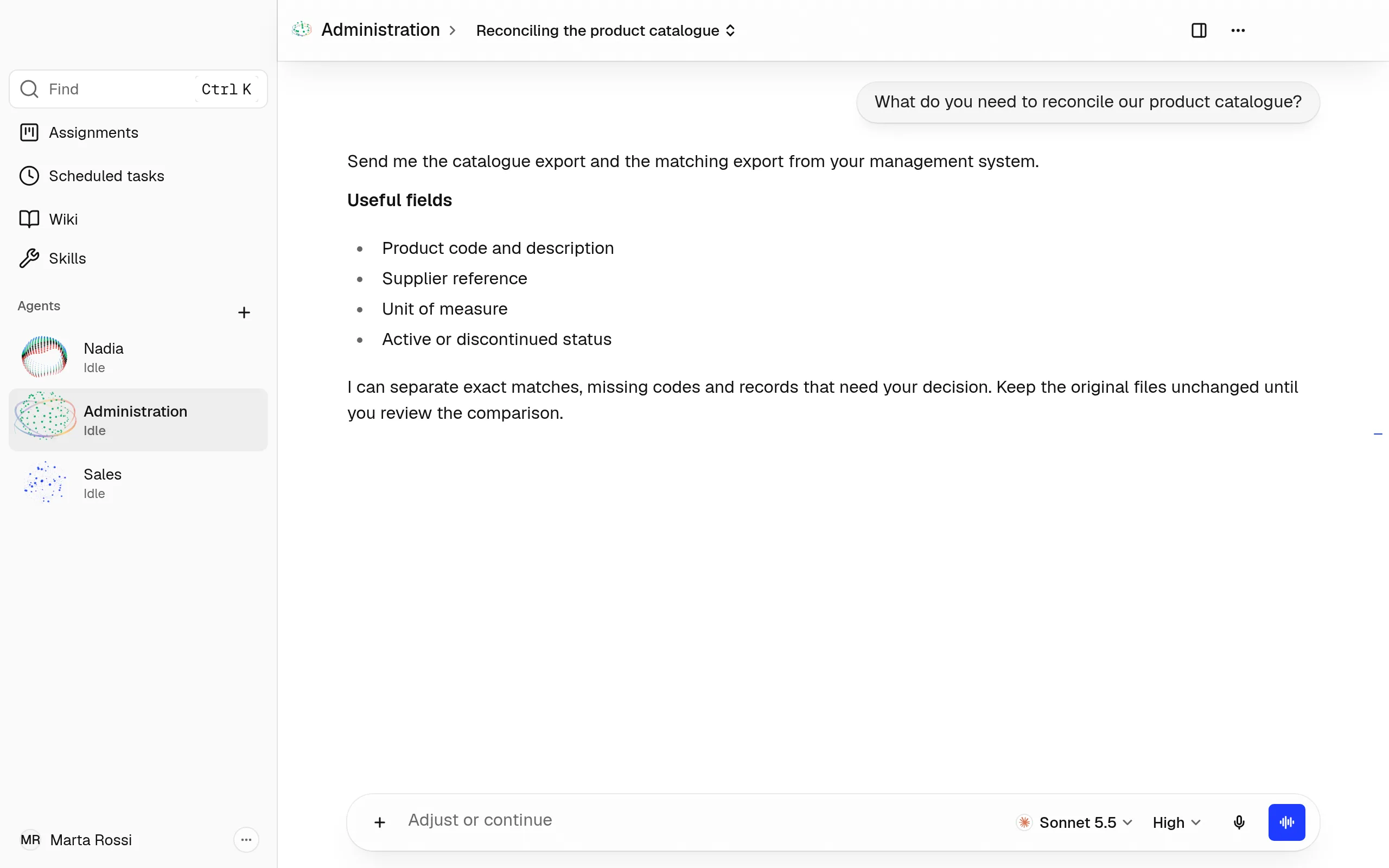 A chat with the Administration Agent and her finished reply.