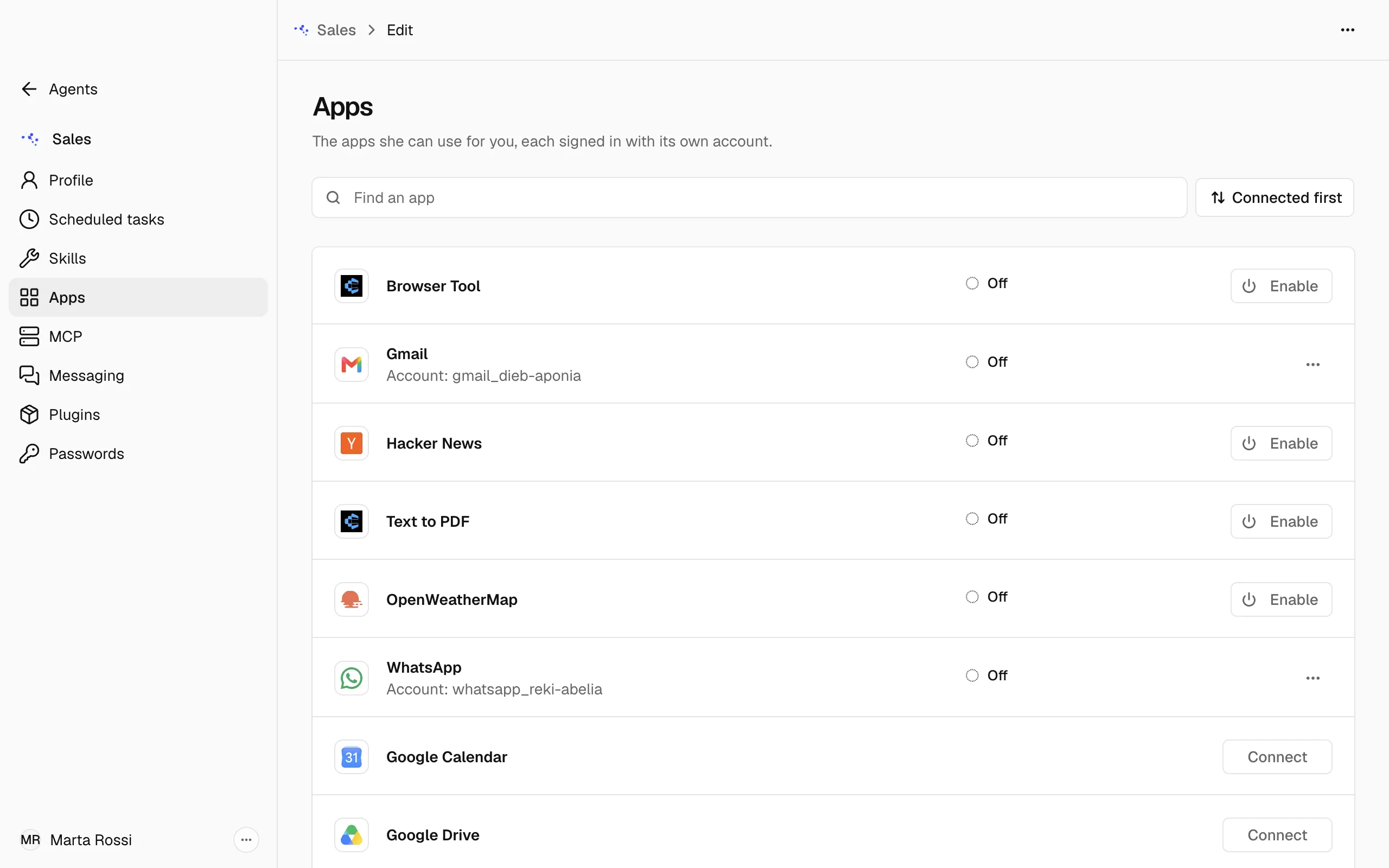 The Apps section of the Sales Agent's Edit page, a list of apps with Connect and Enable buttons.