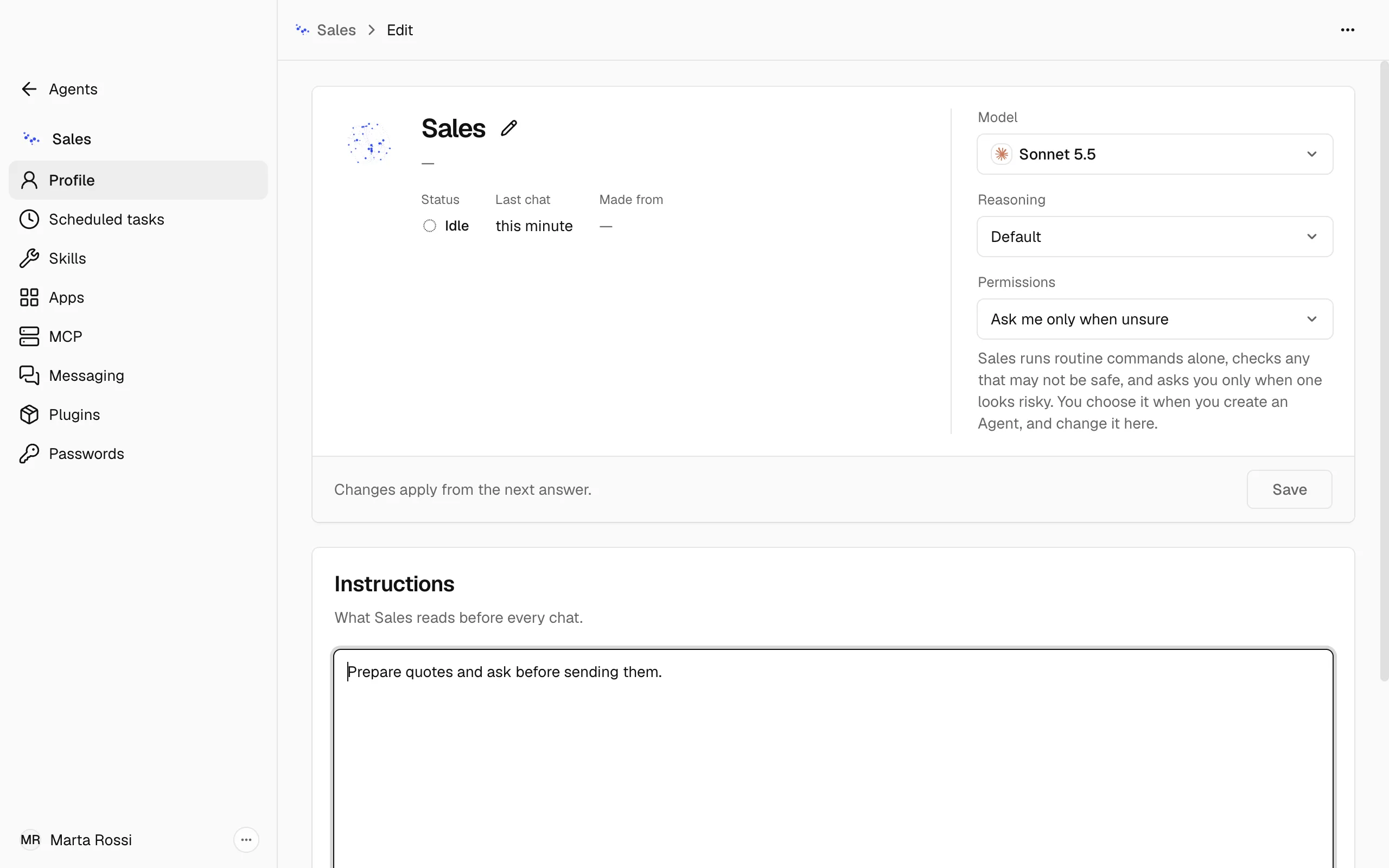 The Instructions of the Sales Agent open for editing in a text box.
