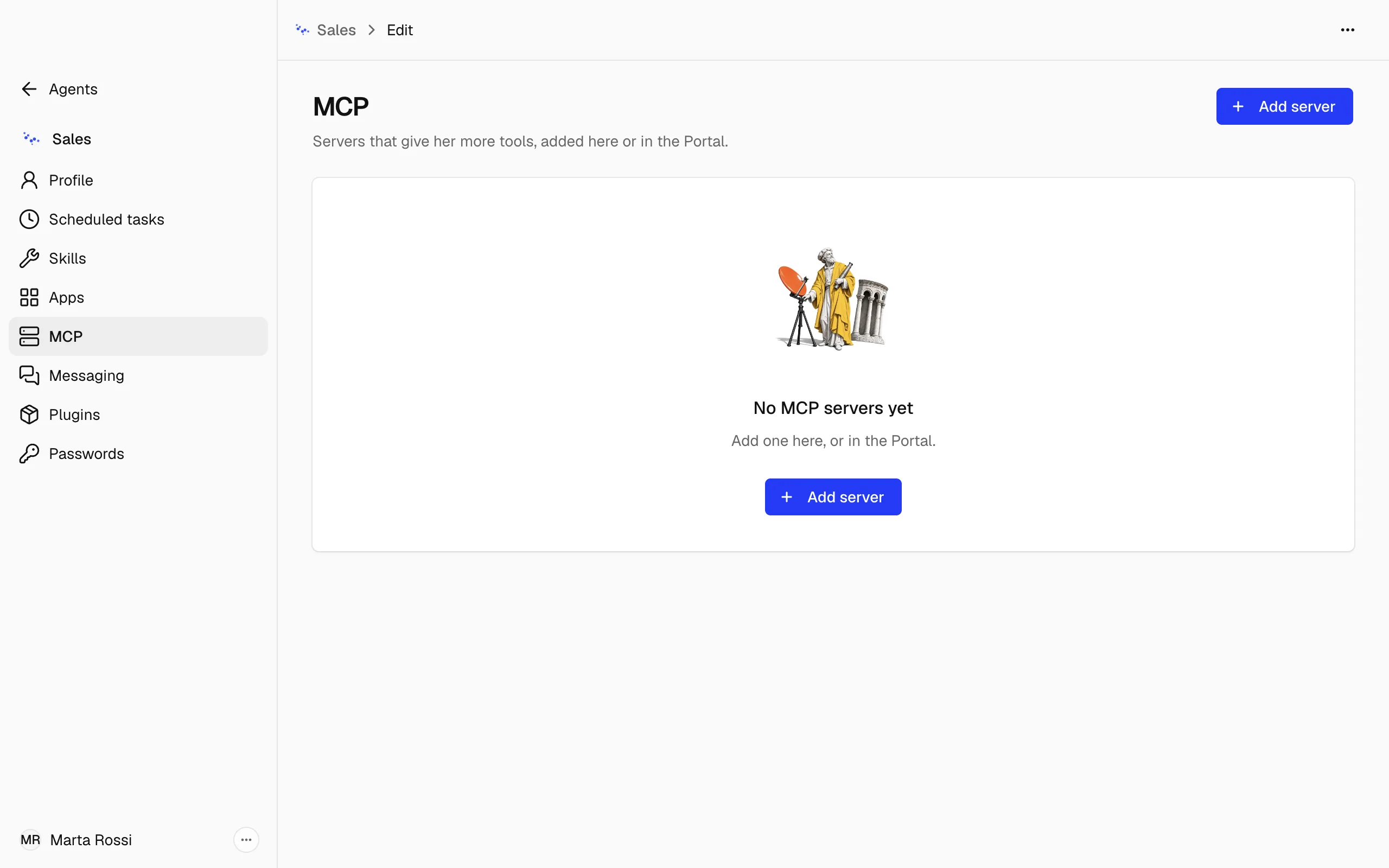 The MCP section of the Sales Agent's Edit page, with no MCP servers yet and the Add server button.