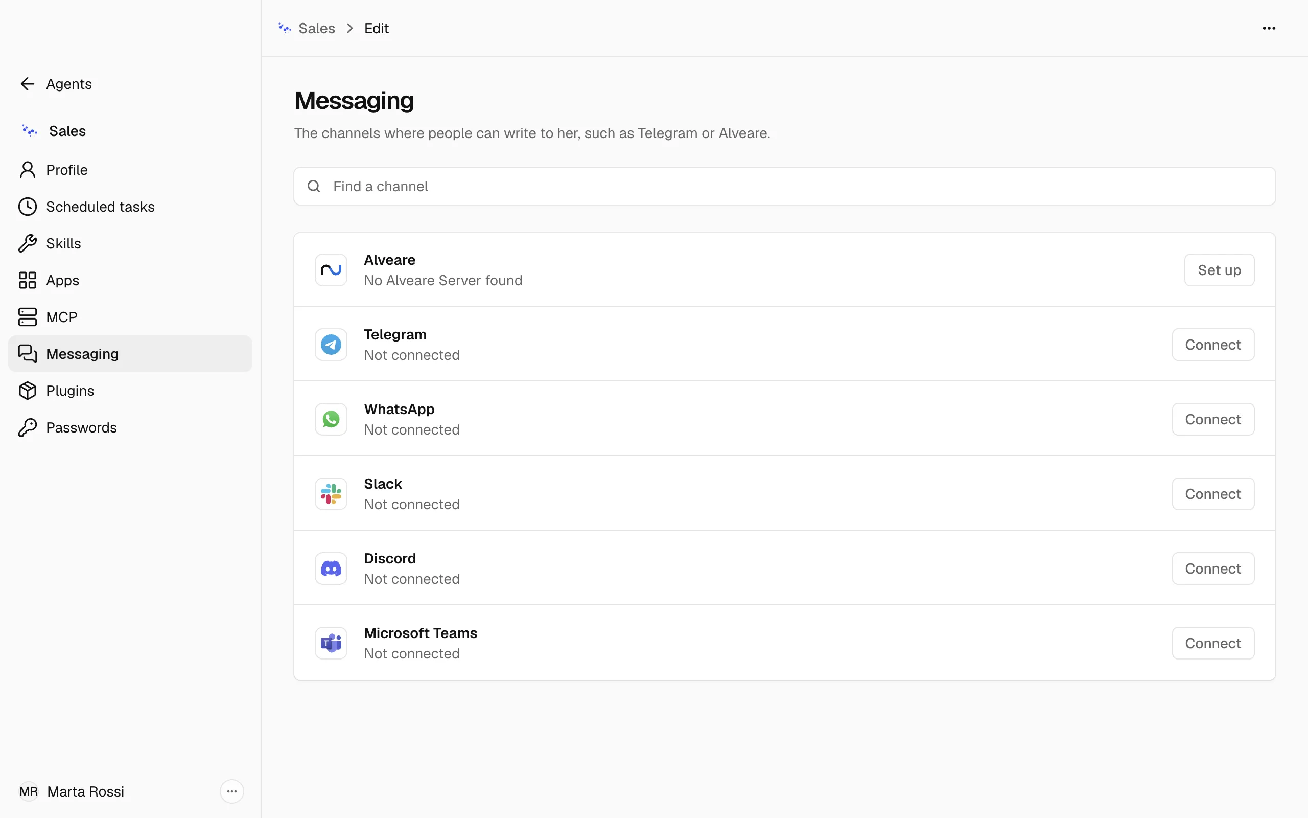 The Messaging section of the Sales Agent's Edit page, listing Alveare, Telegram, WhatsApp, Slack, Discord and Microsoft Teams, each with a Connect button.