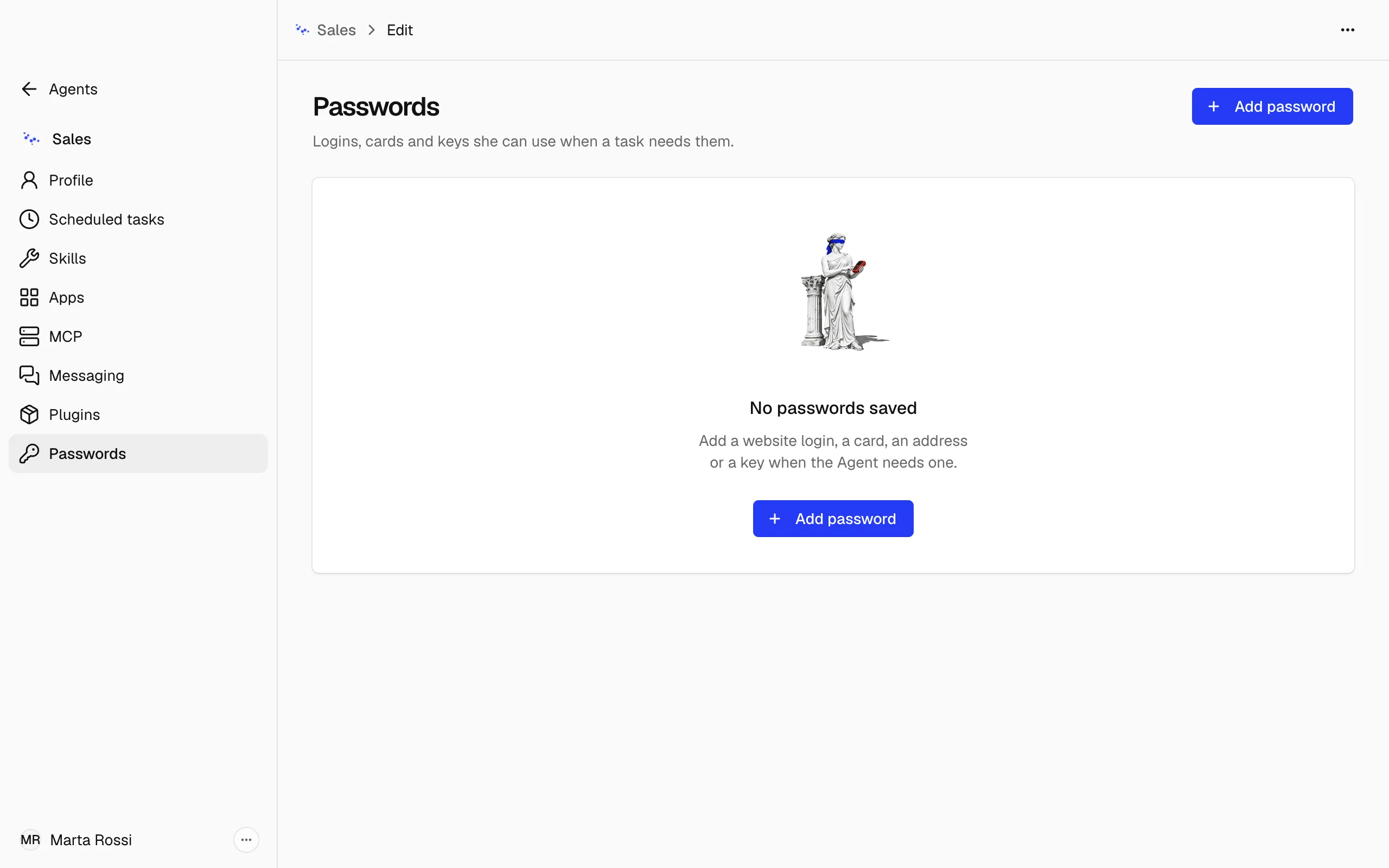 The Passwords section of the Sales Agent's Edit page, with no passwords saved and the Add password button.