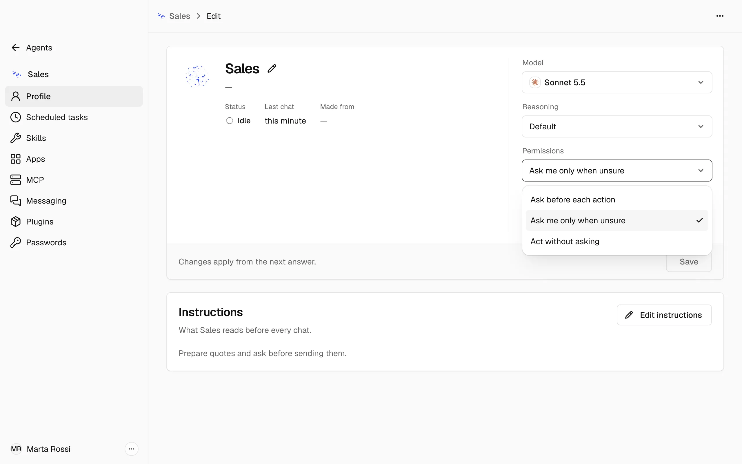 The Permissions list open on the Sales Agent's Profile, with Ask before each action, Ask me only when unsure and Act without asking.