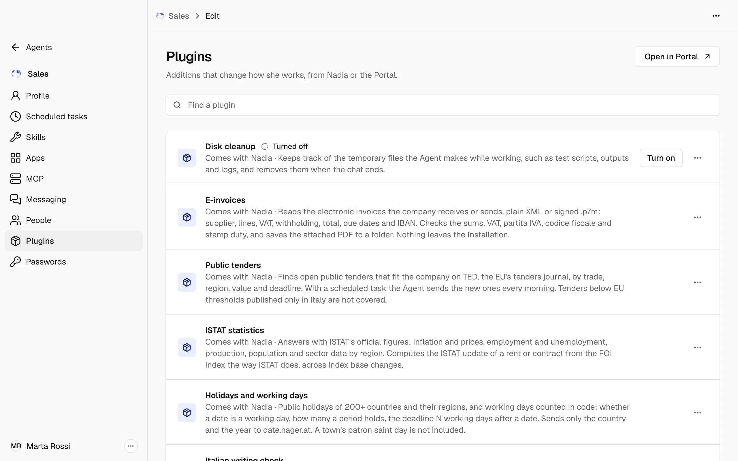The Plugins section of the Sales Agent, with the plugins that come with Nadia: Disk cleanup turned off, then E-invoices, Public tenders, ISTAT statistics and Holidays and working days.