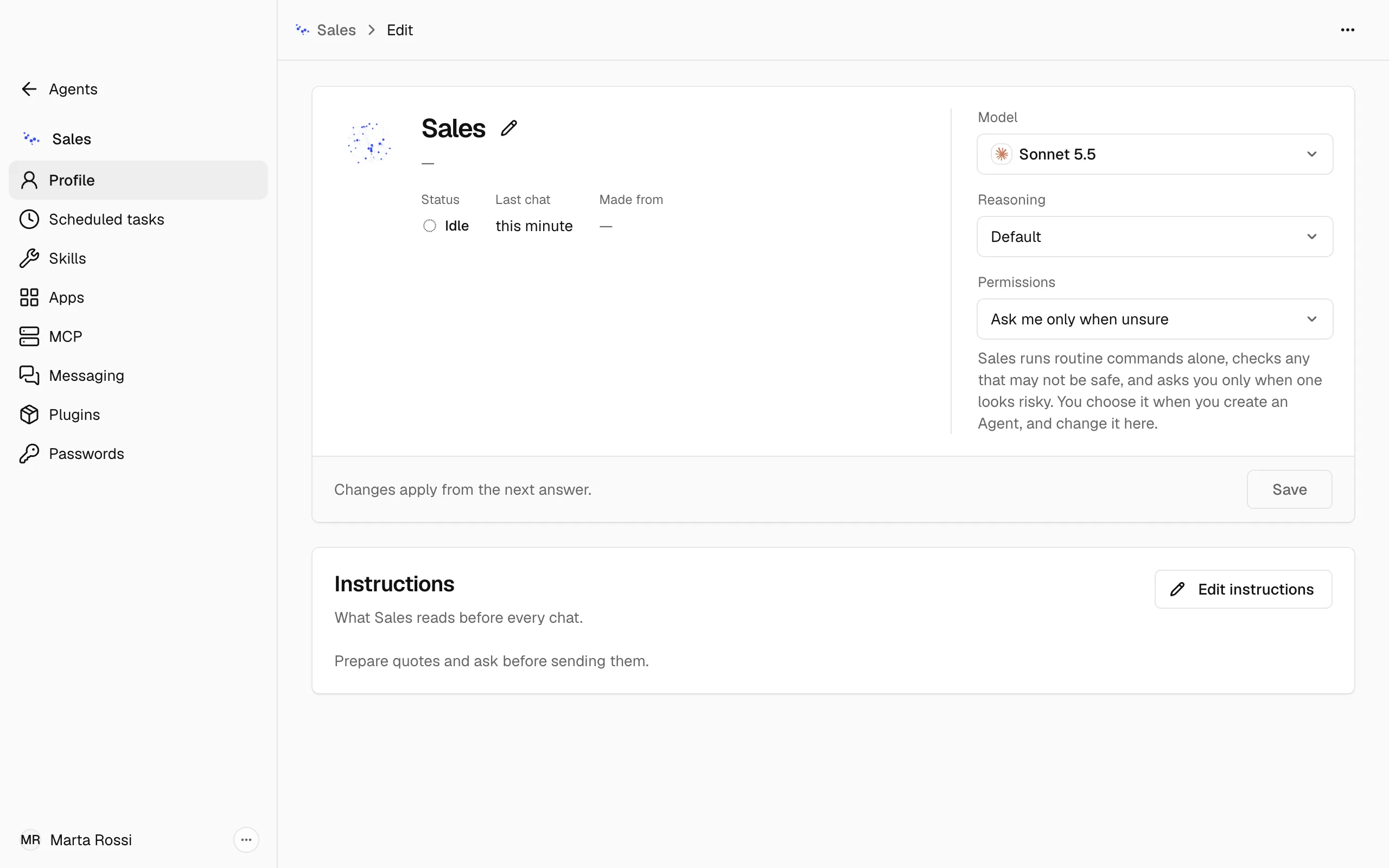 The Edit page of the Sales Agent, on Profile: her name, model, reasoning and Permissions, with her Instructions below.