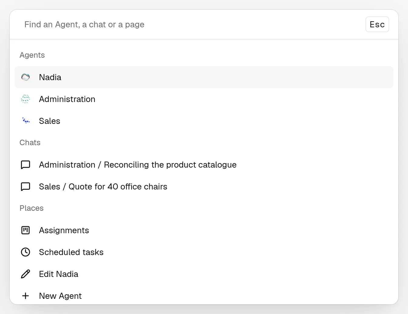 Find open, with the Agents, the chats and the pages it lists.