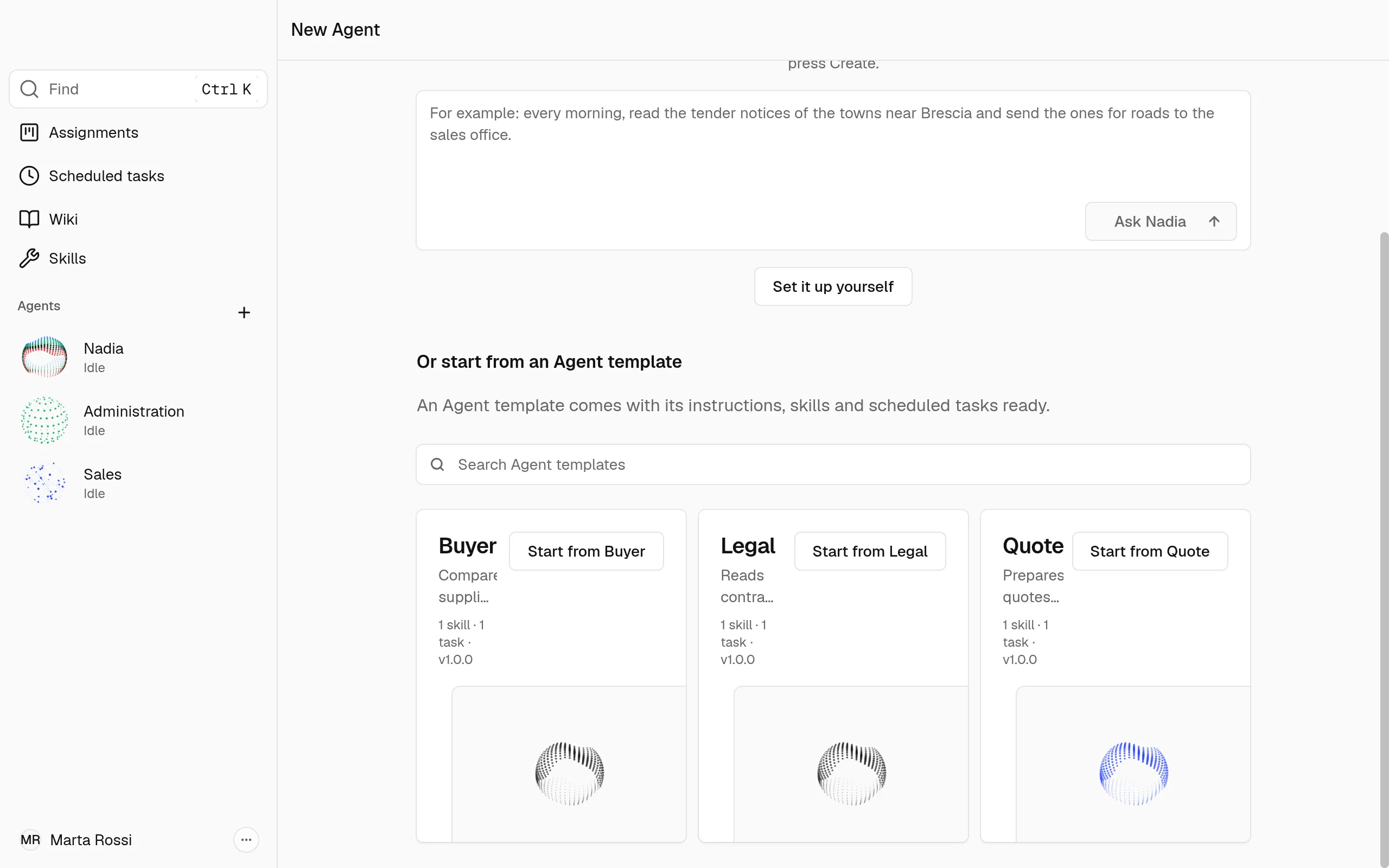 The Agent templates New Agent offers, each with a Start from button.