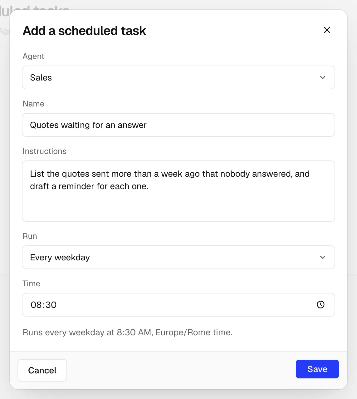 The Add a scheduled task window for the Sales Agent: a name, its instructions, Every weekday and 08:30.