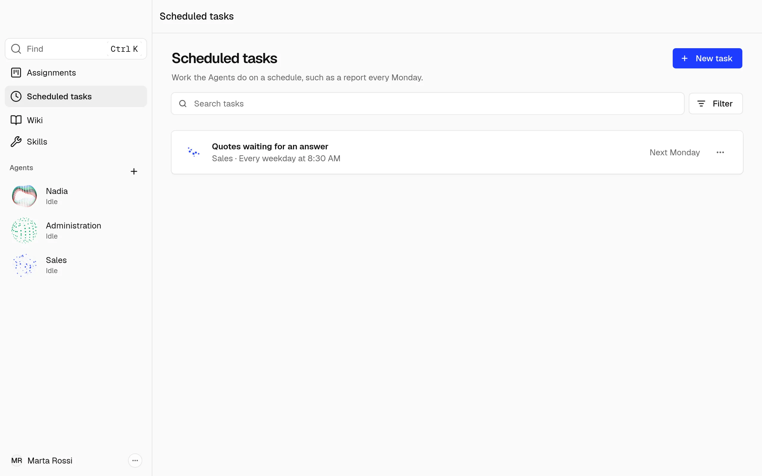 The Scheduled tasks page, with one task of the Sales Agent every weekday at 8:30 AM.
