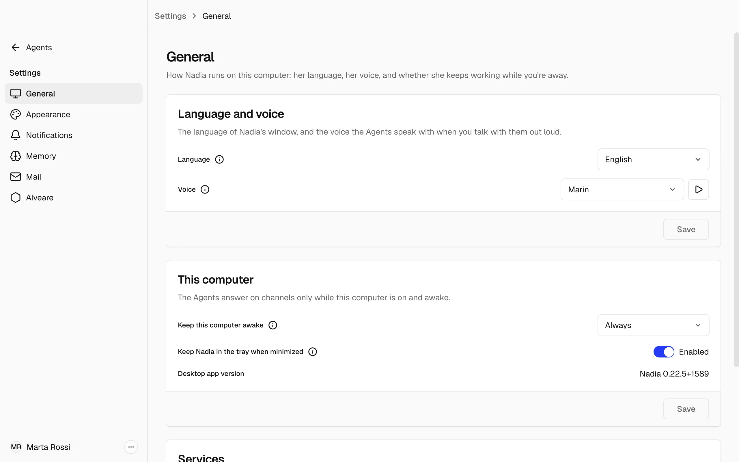 Settings, General: the Language and voice card and the This computer card, each with its own Save.