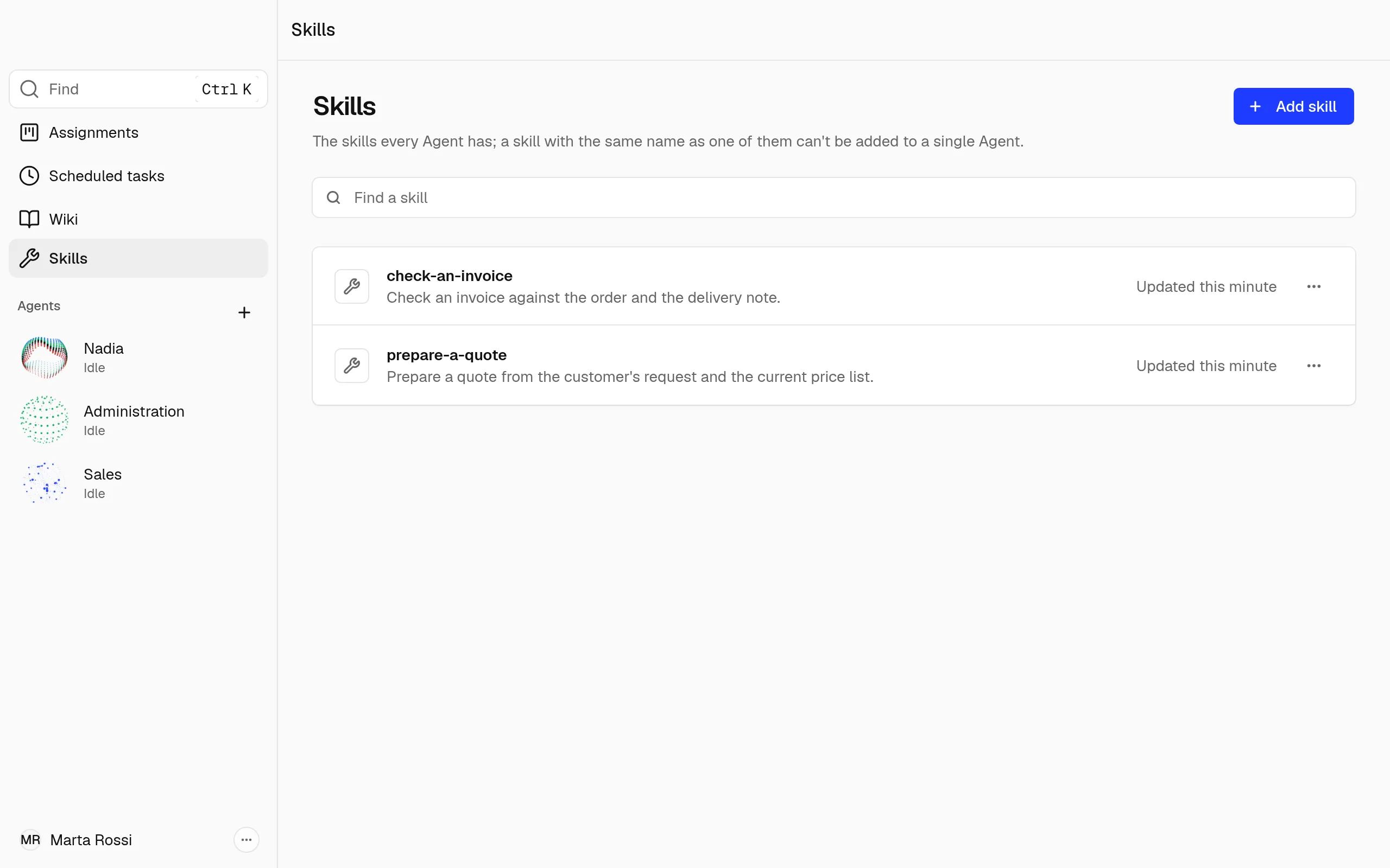 The company's Skills page, with three skills and the Update all and Add skill buttons.