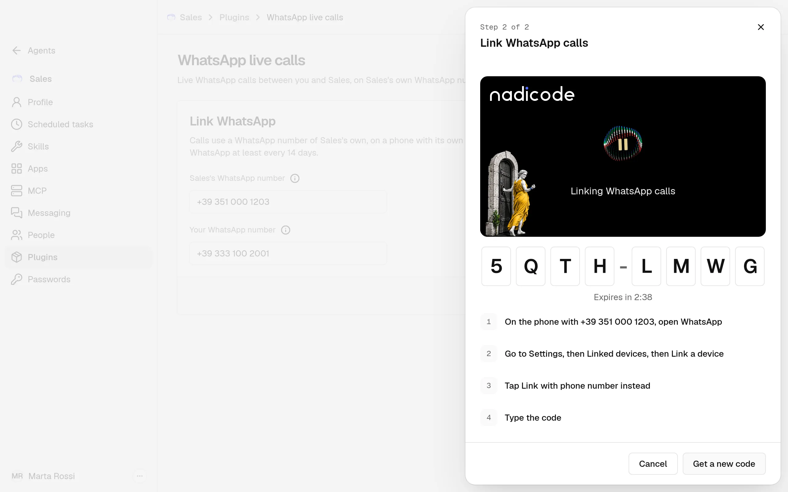 The Link WhatsApp calls panel for the Sales Agent, with the pairing code, the time before it expires and the four steps to do on the phone.