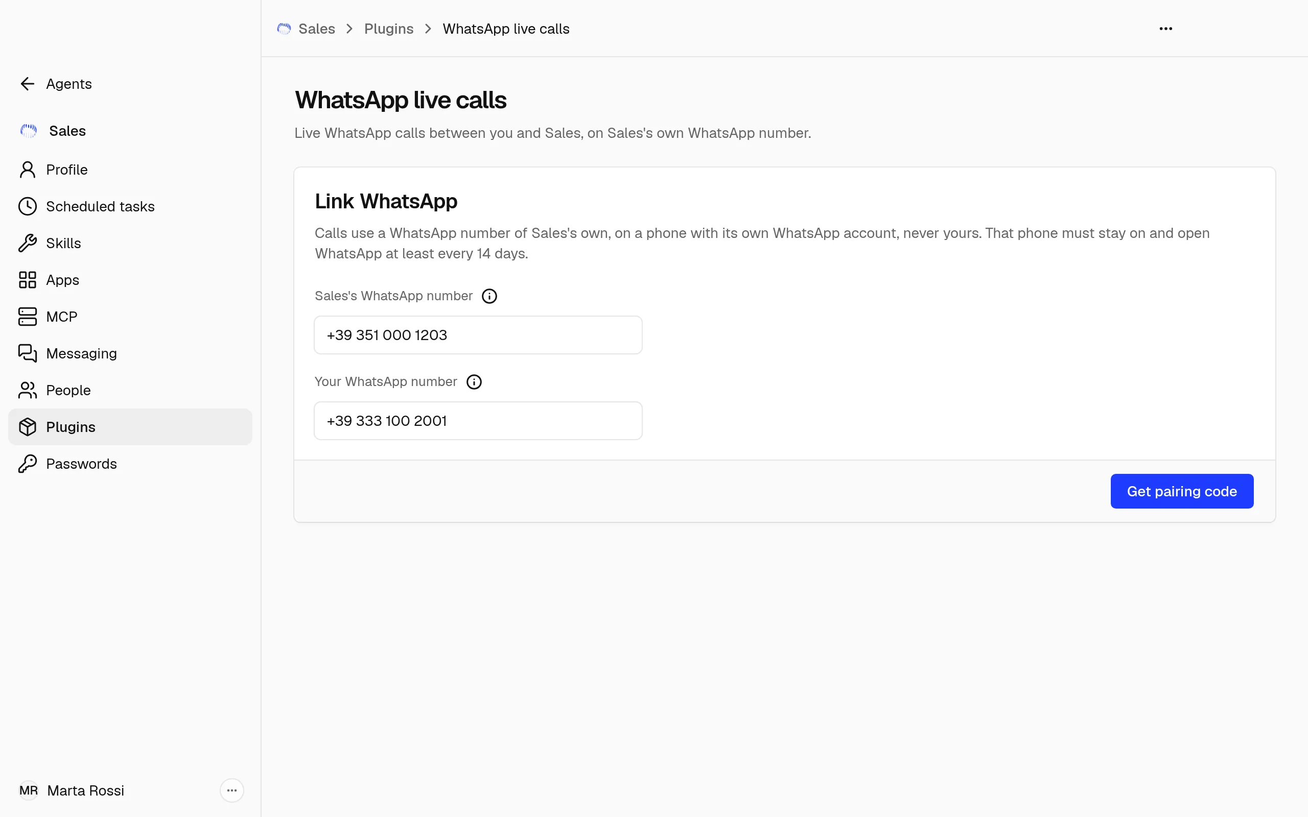 The WhatsApp live calls page of the Sales Agent at Officina Rossi, before linking: the Link WhatsApp section with the Agent's WhatsApp number, Your WhatsApp number and Get pairing code.