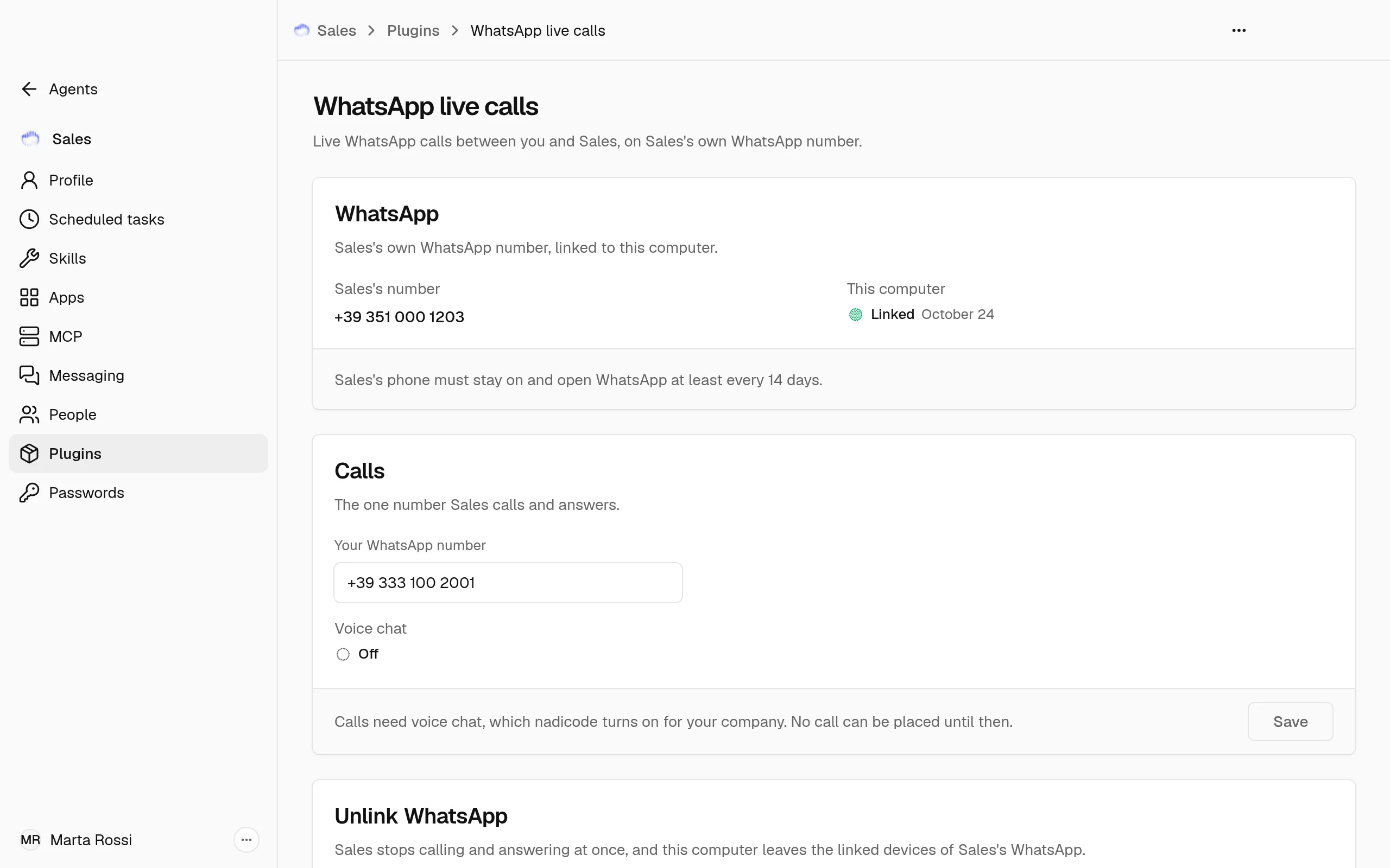 The WhatsApp live calls page of the Sales Agent once linked: her number, This computer Linked, the Calls section with Your WhatsApp number and Voice chat On, and Unlink WhatsApp.