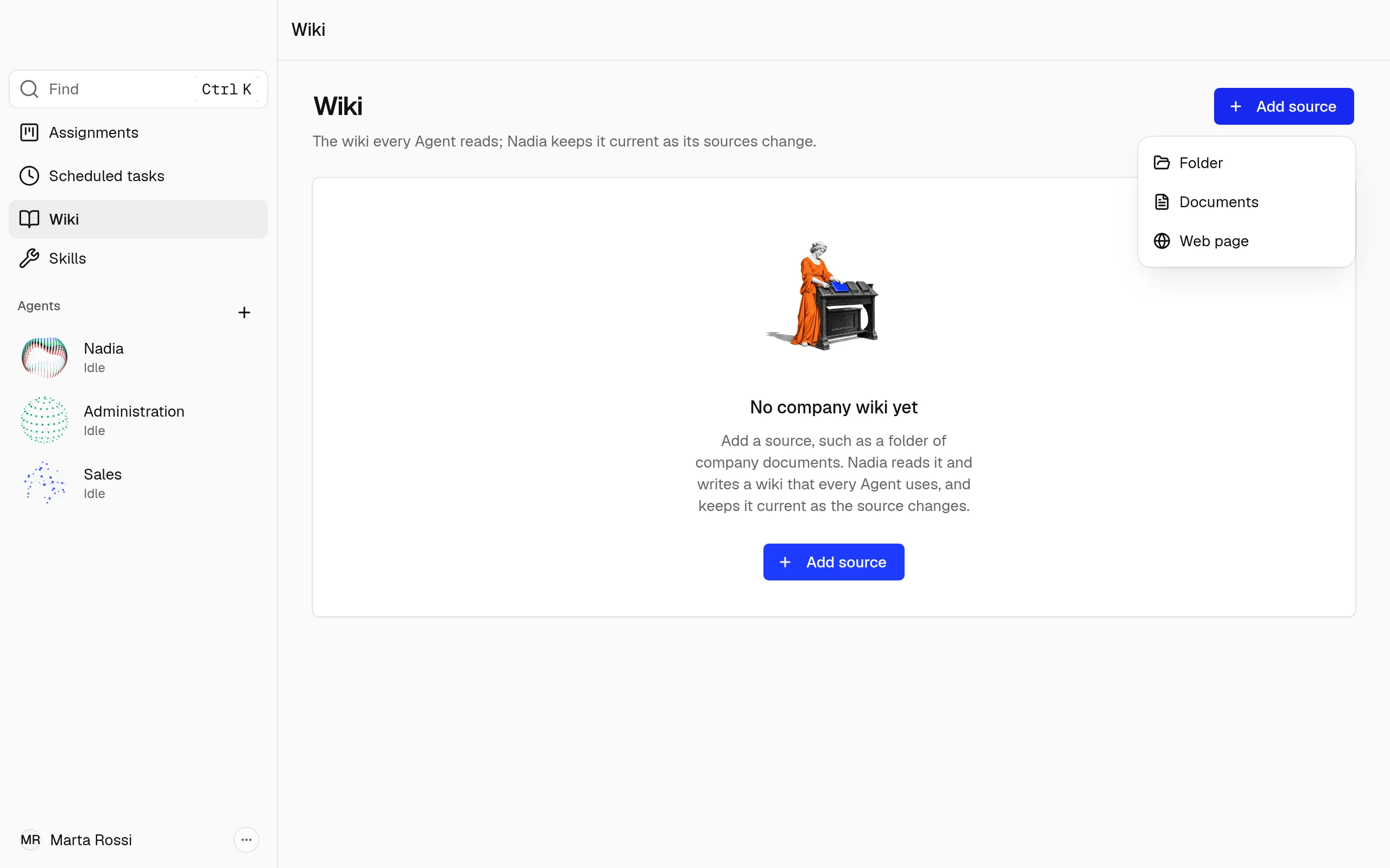 The Add source menu open on the Wiki page, with Folder, Documents and Web page.