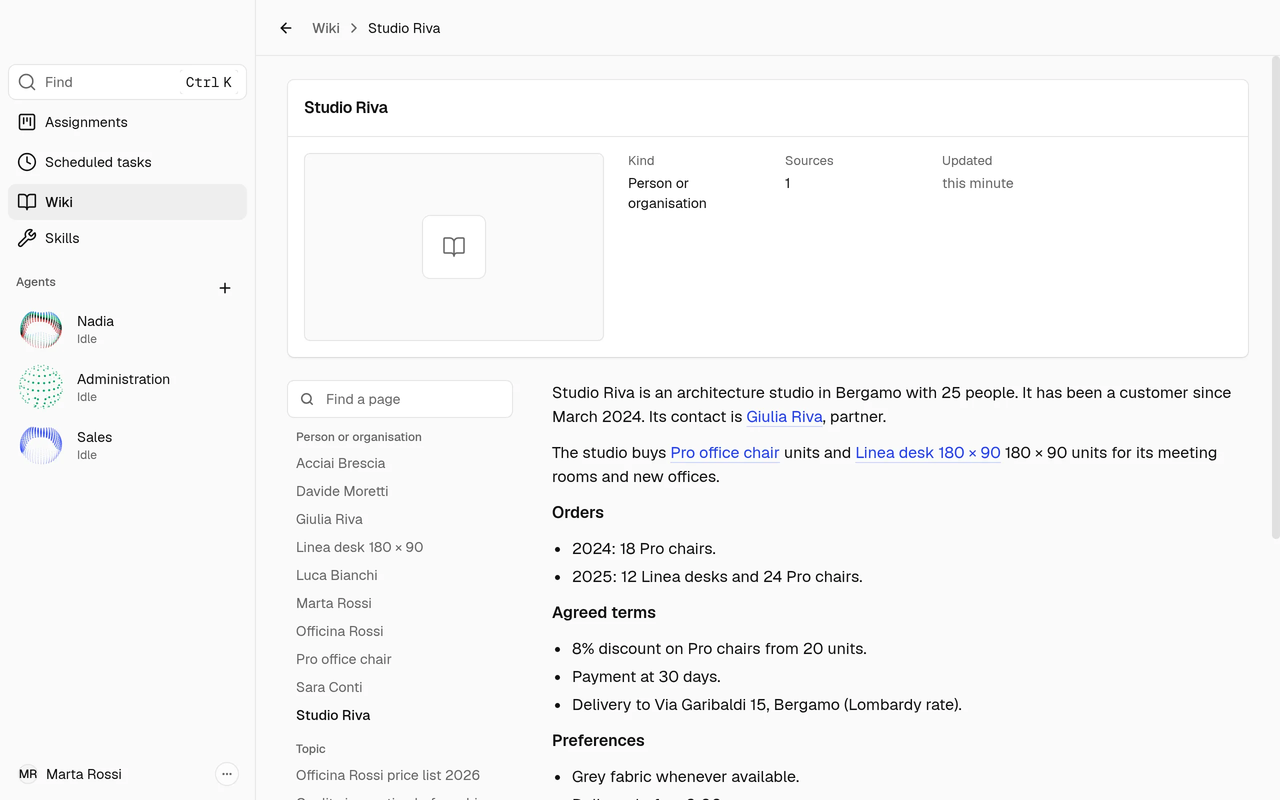 A wiki page about a customer, Studio Riva, with the list of pages on the left.