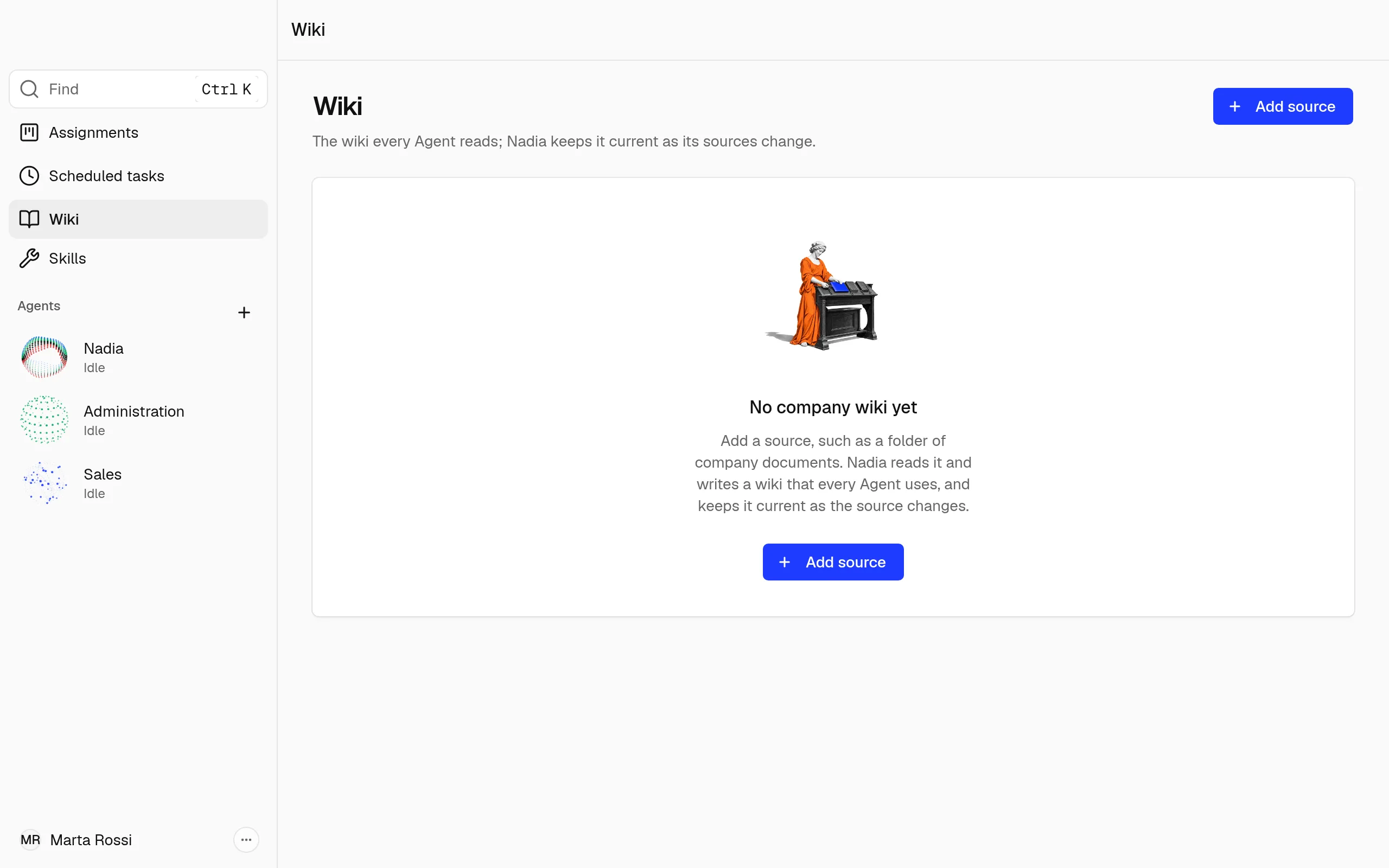 The Wiki page before any source is added, with the Add source button.