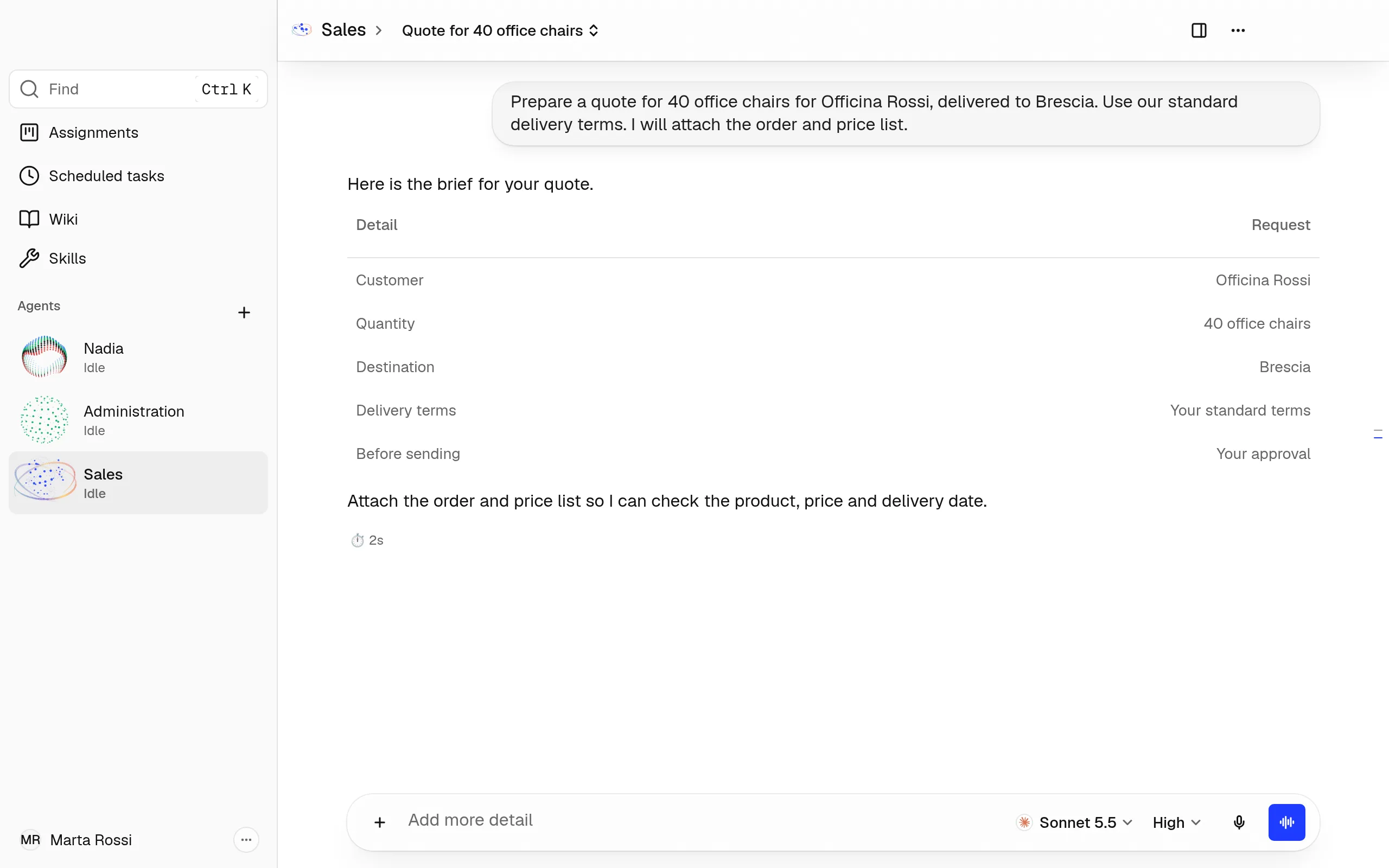 Nadia's window: the Agents list on the left, and on the right a chat with the Sales Agent and her reply.