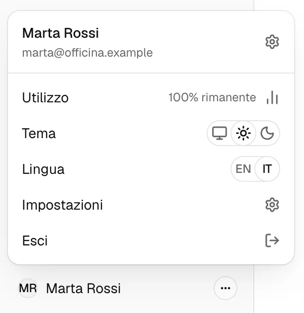 Il menu dell'account, con Utilizzo, Tema, Lingua, Impostazioni ed Esci.