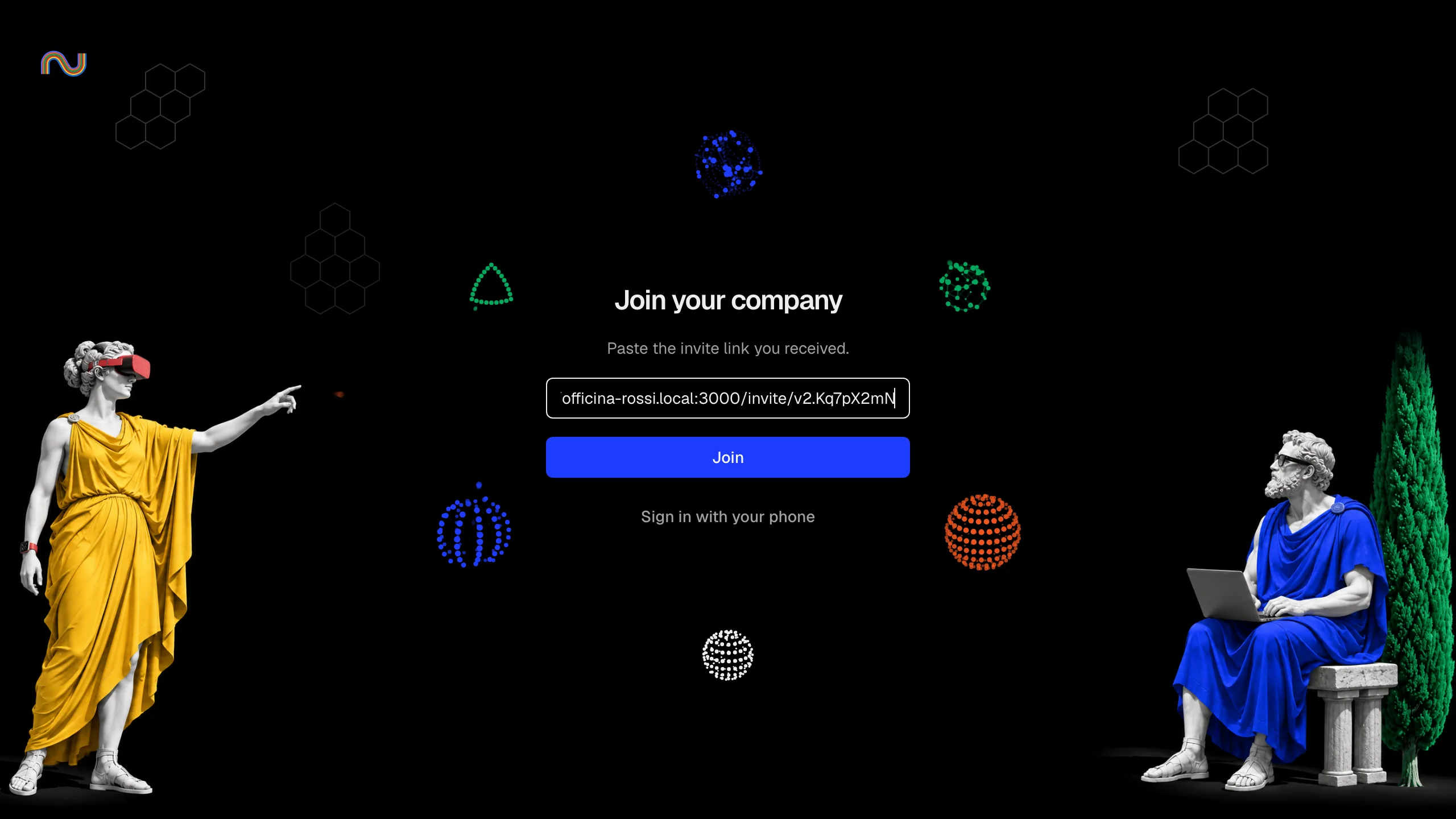La prima schermata di Alveare, Join your company, con il link di invito incollato.