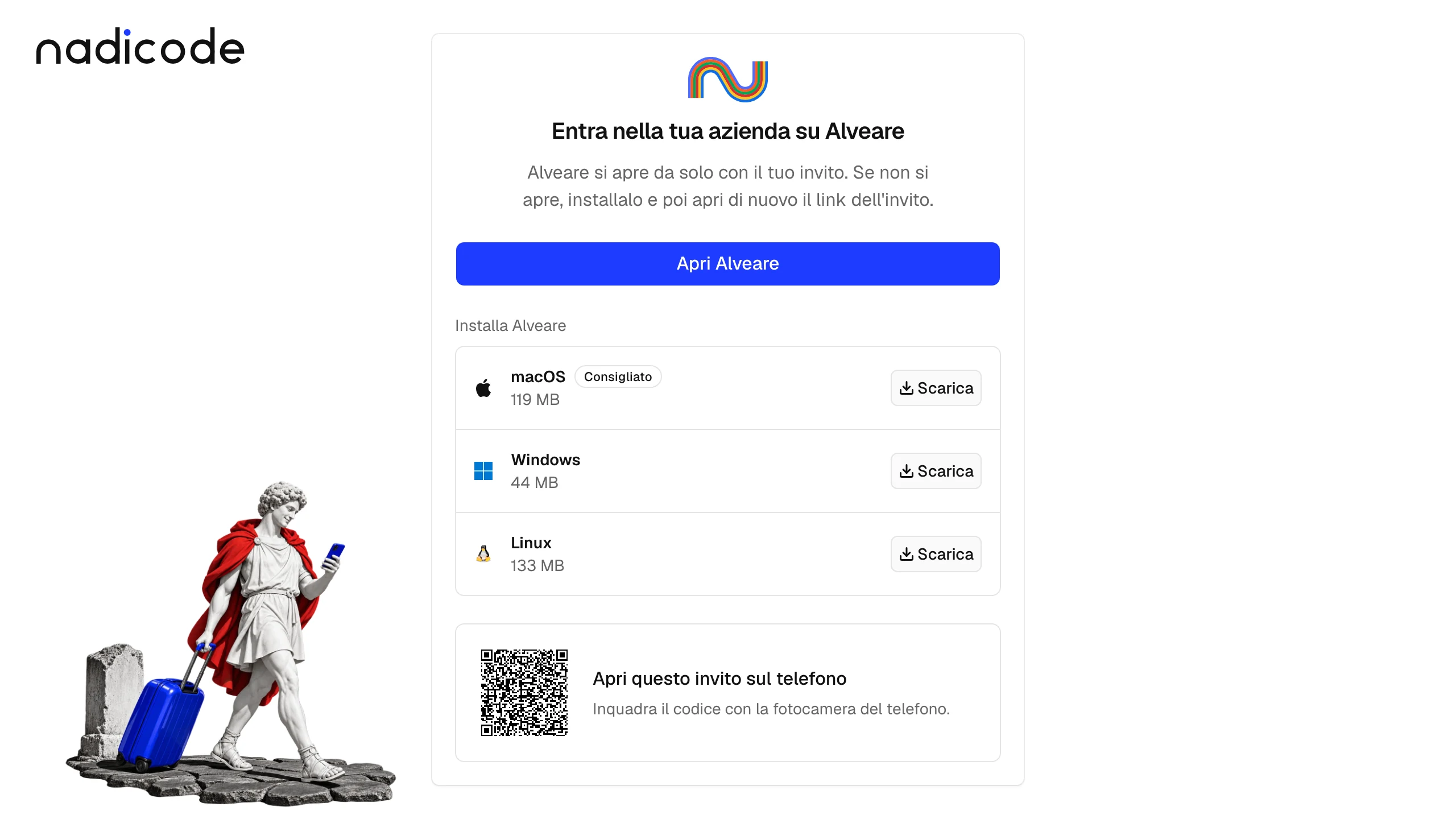 La pagina dell'invito su nadicode.ai: Apri Alveare, i programmi d'installazione per Mac, Windows e Linux, e il codice che apre l'invito su un telefono.
