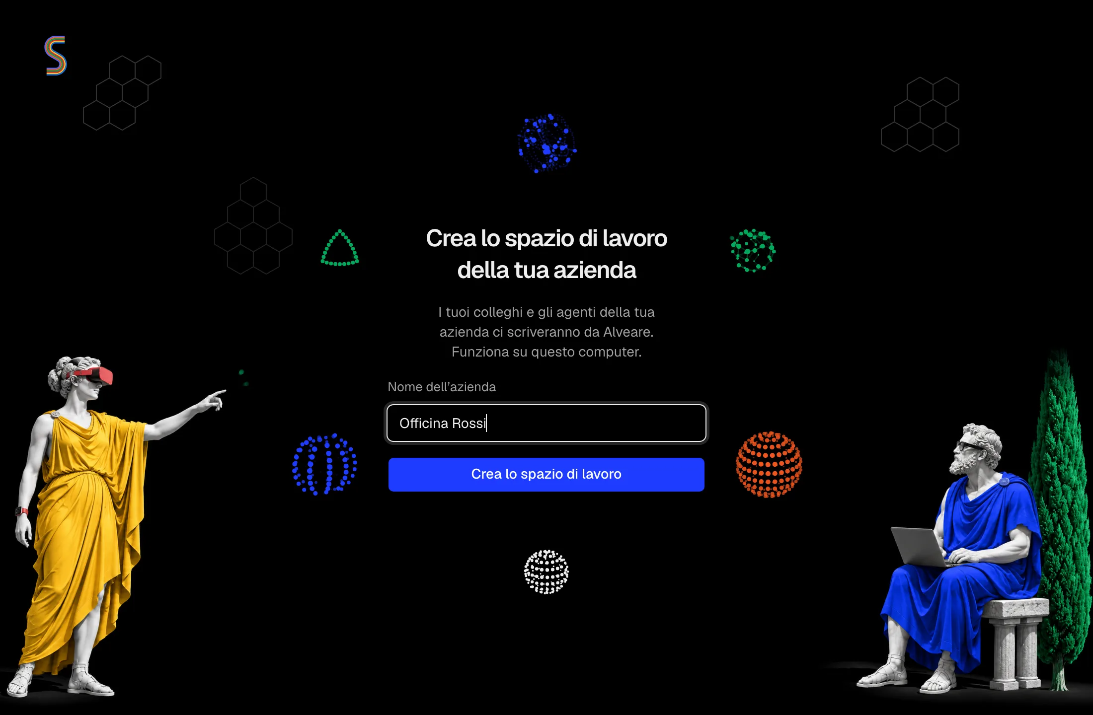 La prima schermata di Alveare Server, Crea lo spazio di lavoro della tua azienda, con Officina Rossi scritto come nome dell'azienda.