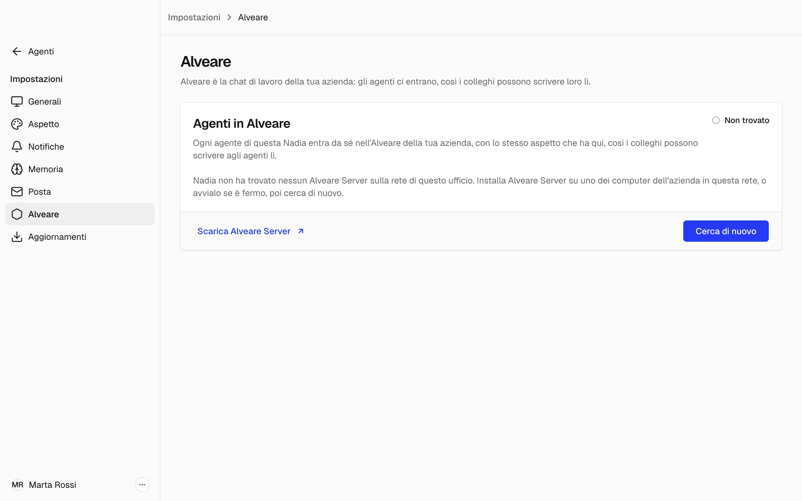 Impostazioni, Alveare, dove Nadia non ha trovato nessun Alveare Server sulla rete dell'ufficio, con Scarica Alveare Server e Cerca di nuovo.