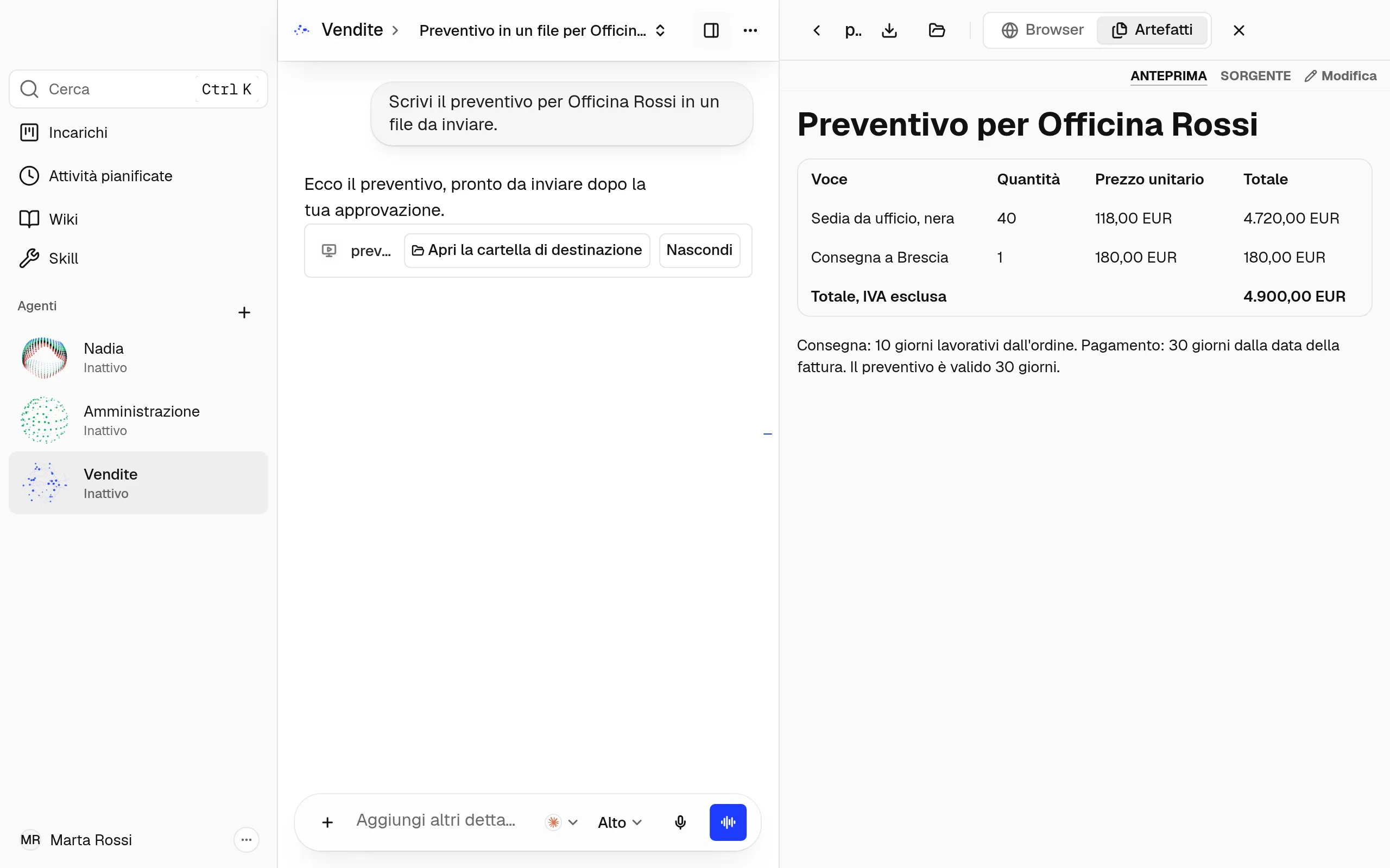 Una chat con l'agente Vendite e, nel pannello laterale accanto, il file del preventivo che ha scritto.