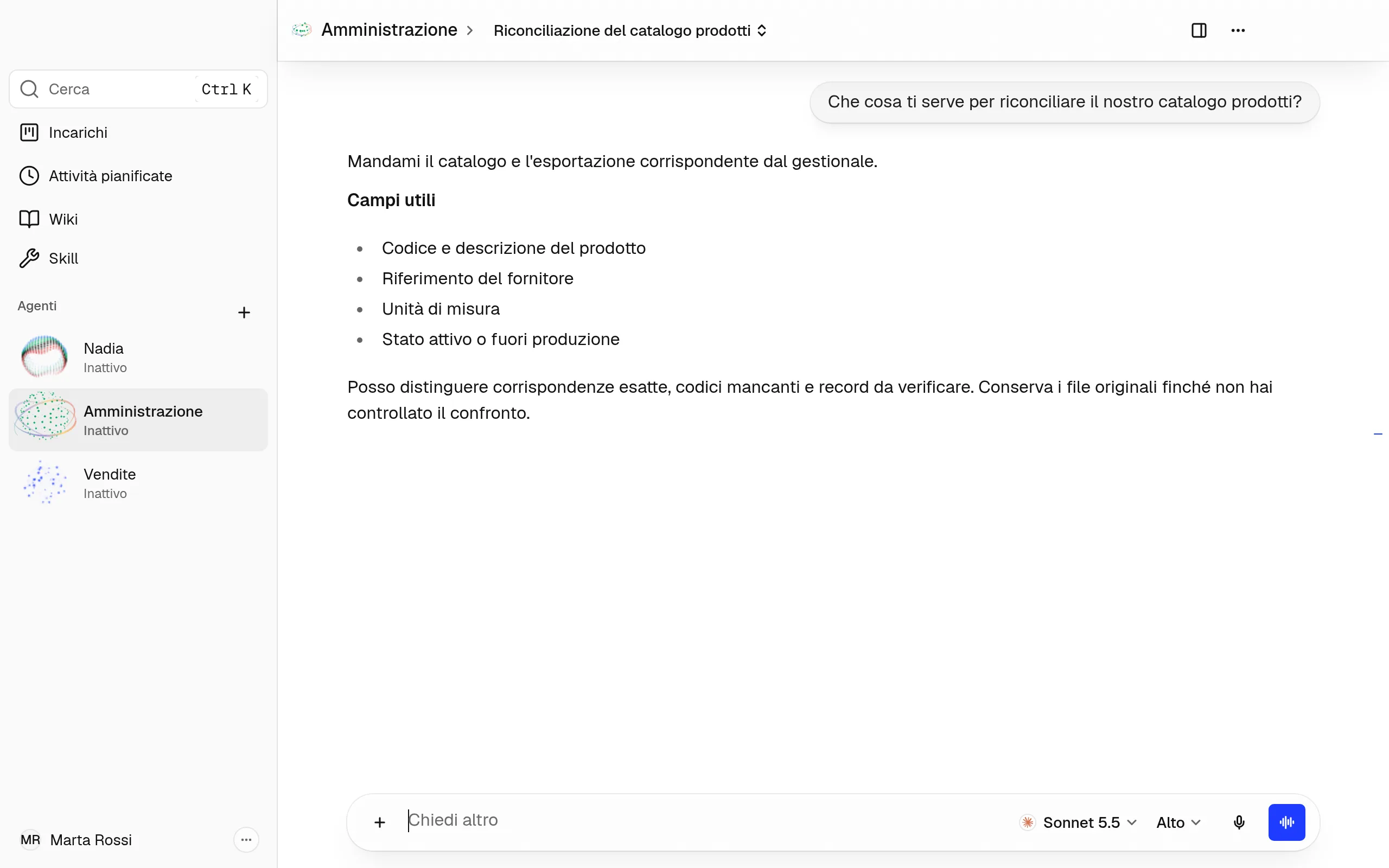 Una chat con l'agente Amministrazione e la sua risposta completa.