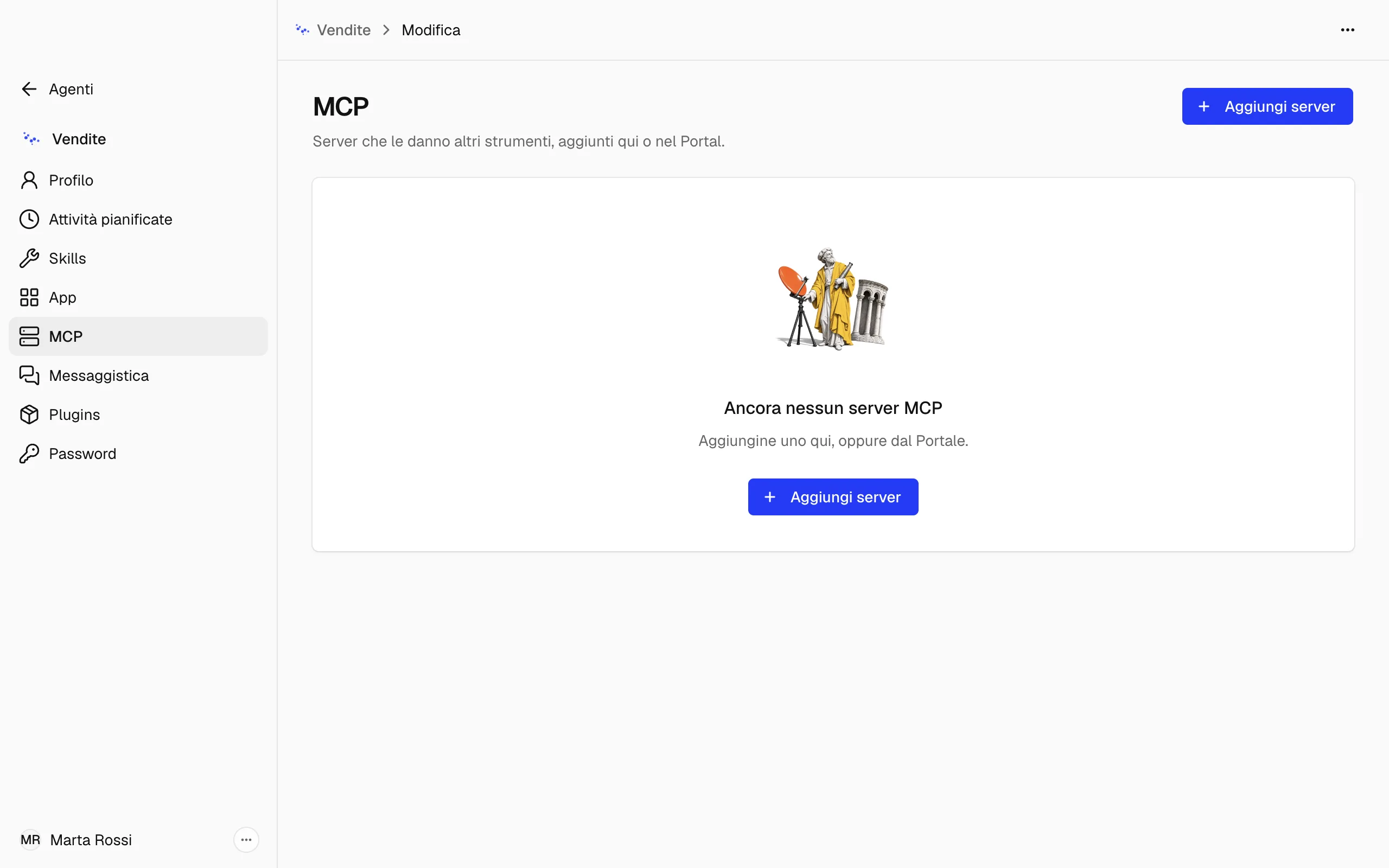 La sezione MCP della pagina Modifica dell'agente Vendite, senza ancora nessun server MCP e con il pulsante Aggiungi server.