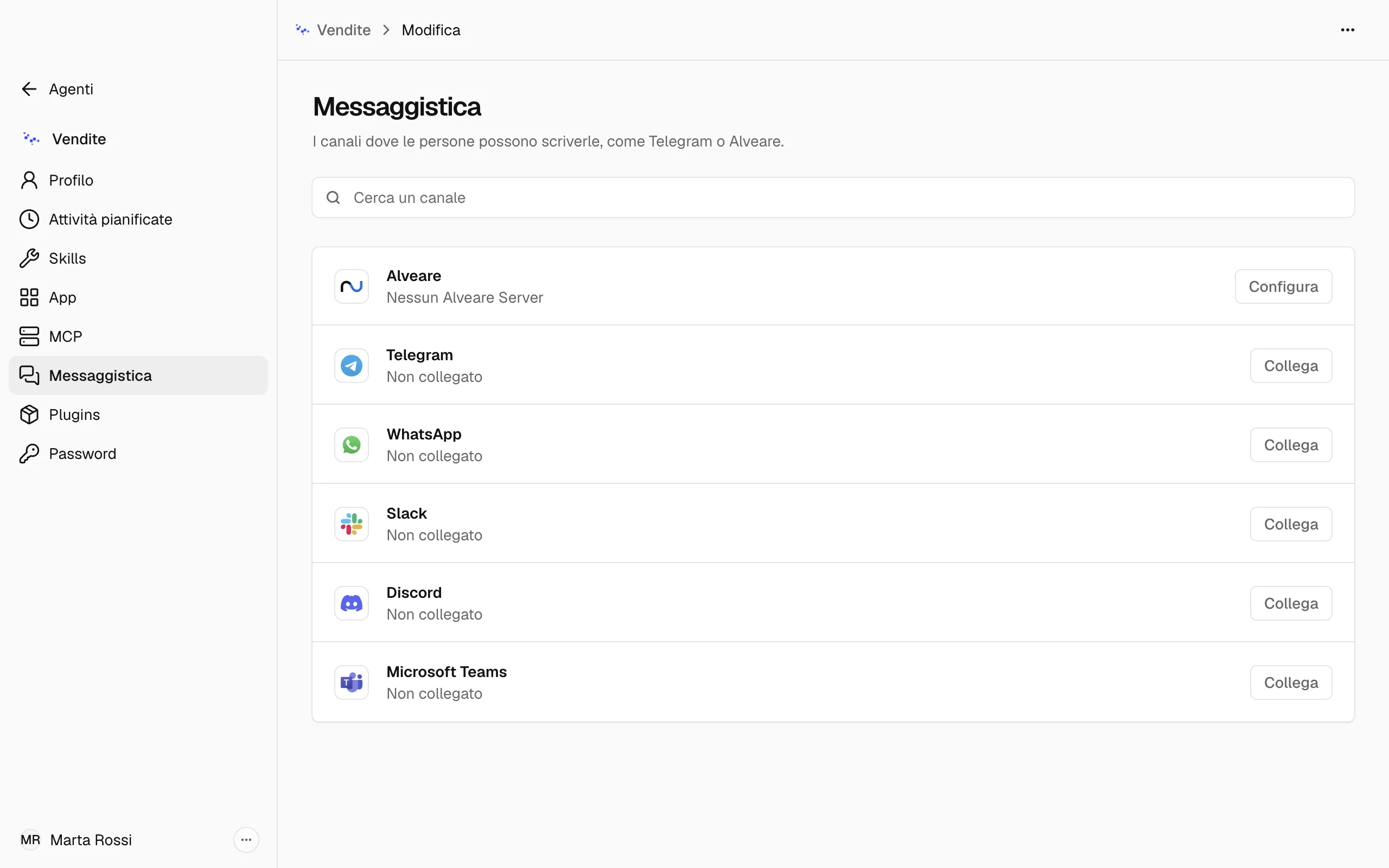 La sezione Messaggistica della pagina Modifica dell'agente Vendite, con l'elenco di Alveare, Telegram, WhatsApp, Slack, Discord e Microsoft Teams, ciascuno con il pulsante Collega.