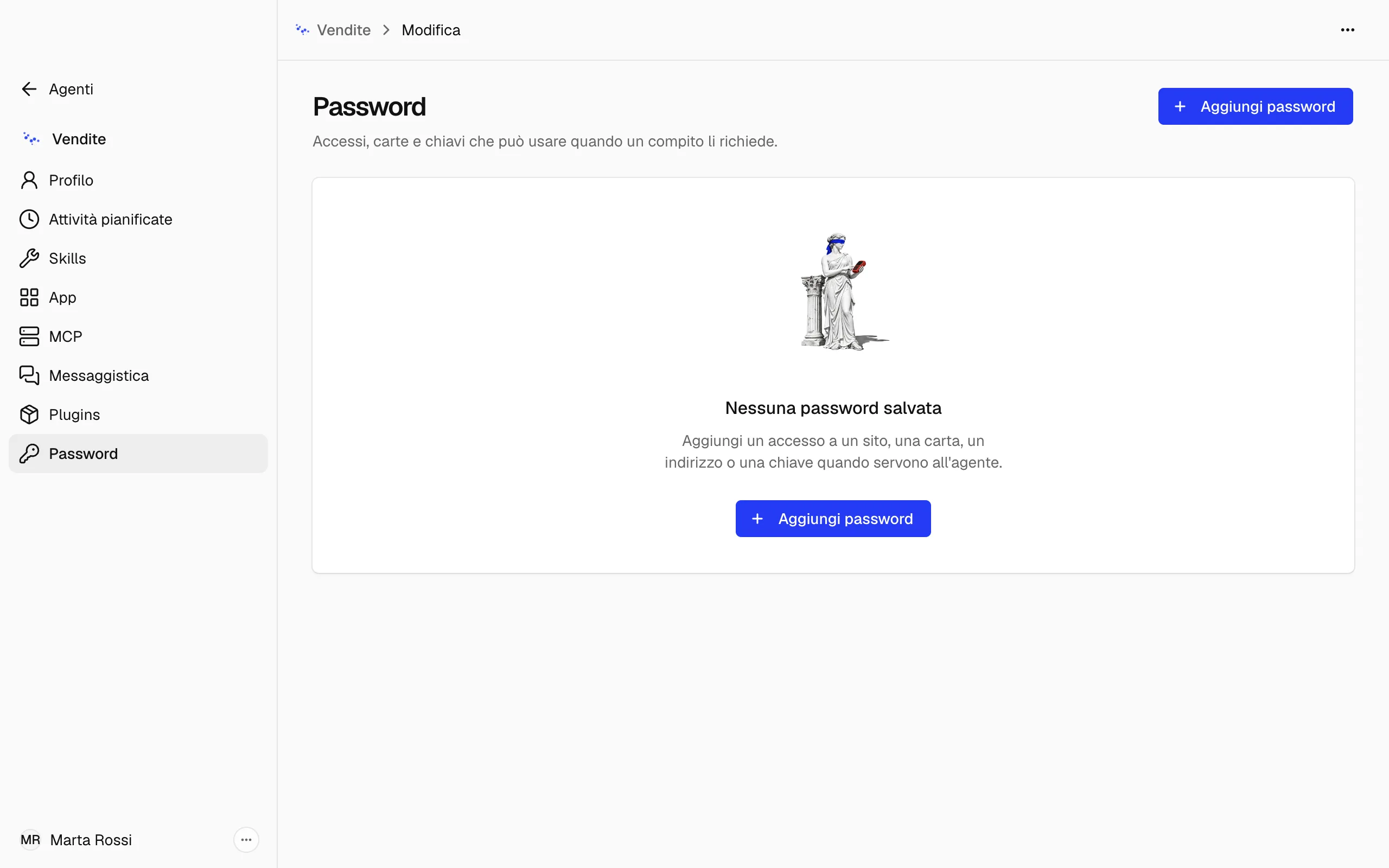 La sezione Password della pagina Modifica dell'agente Vendite, senza nessuna password salvata e con il pulsante Aggiungi password.