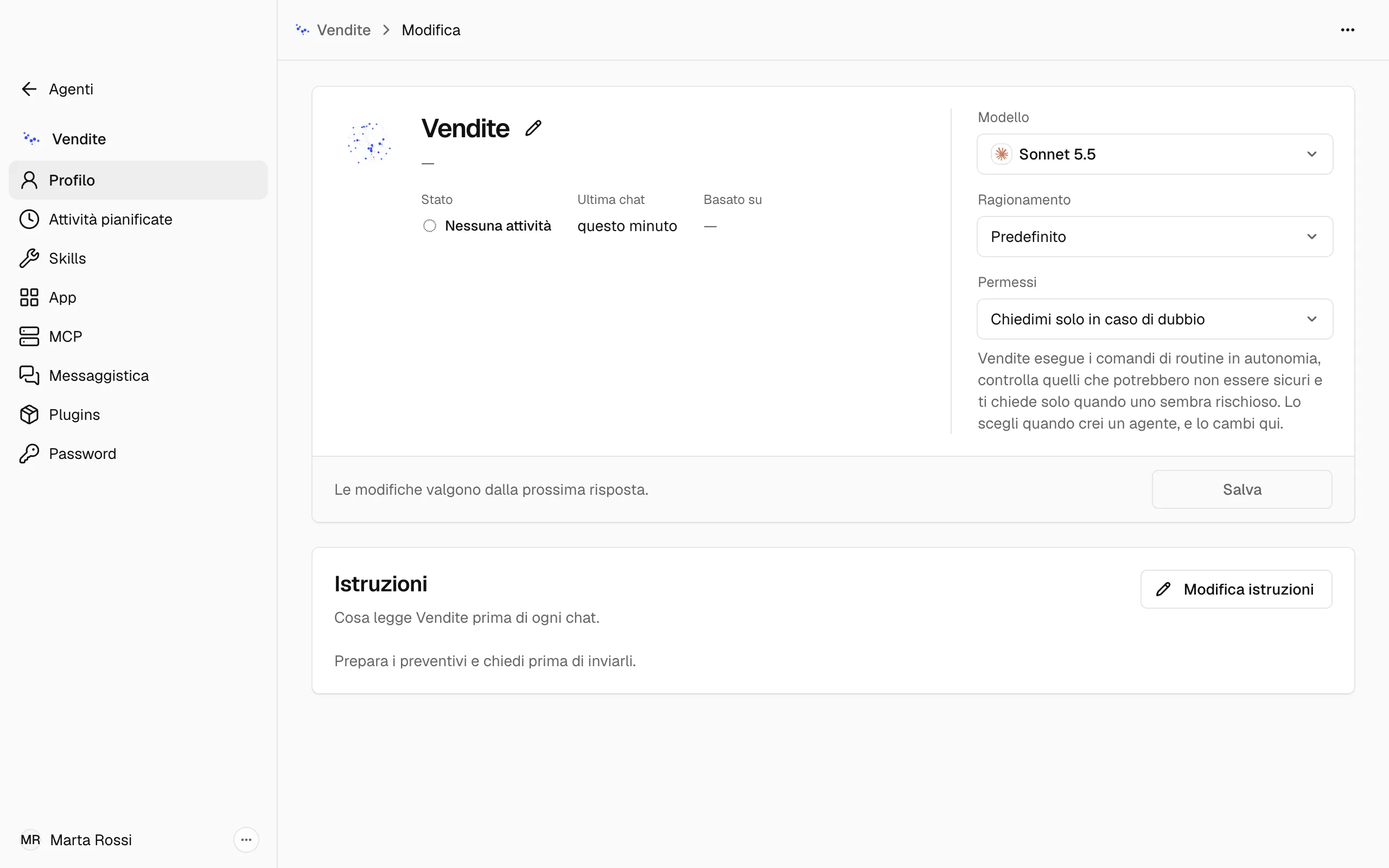 La pagina Modifica dell'agente Vendite, sul Profilo: nome, modello, ragionamento e Permessi, con le Istruzioni sotto.