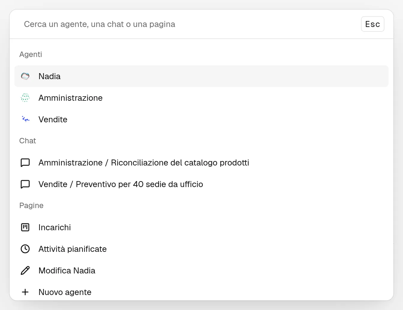 Cerca aperto, con gli agenti, le chat e le pagine che elenca.